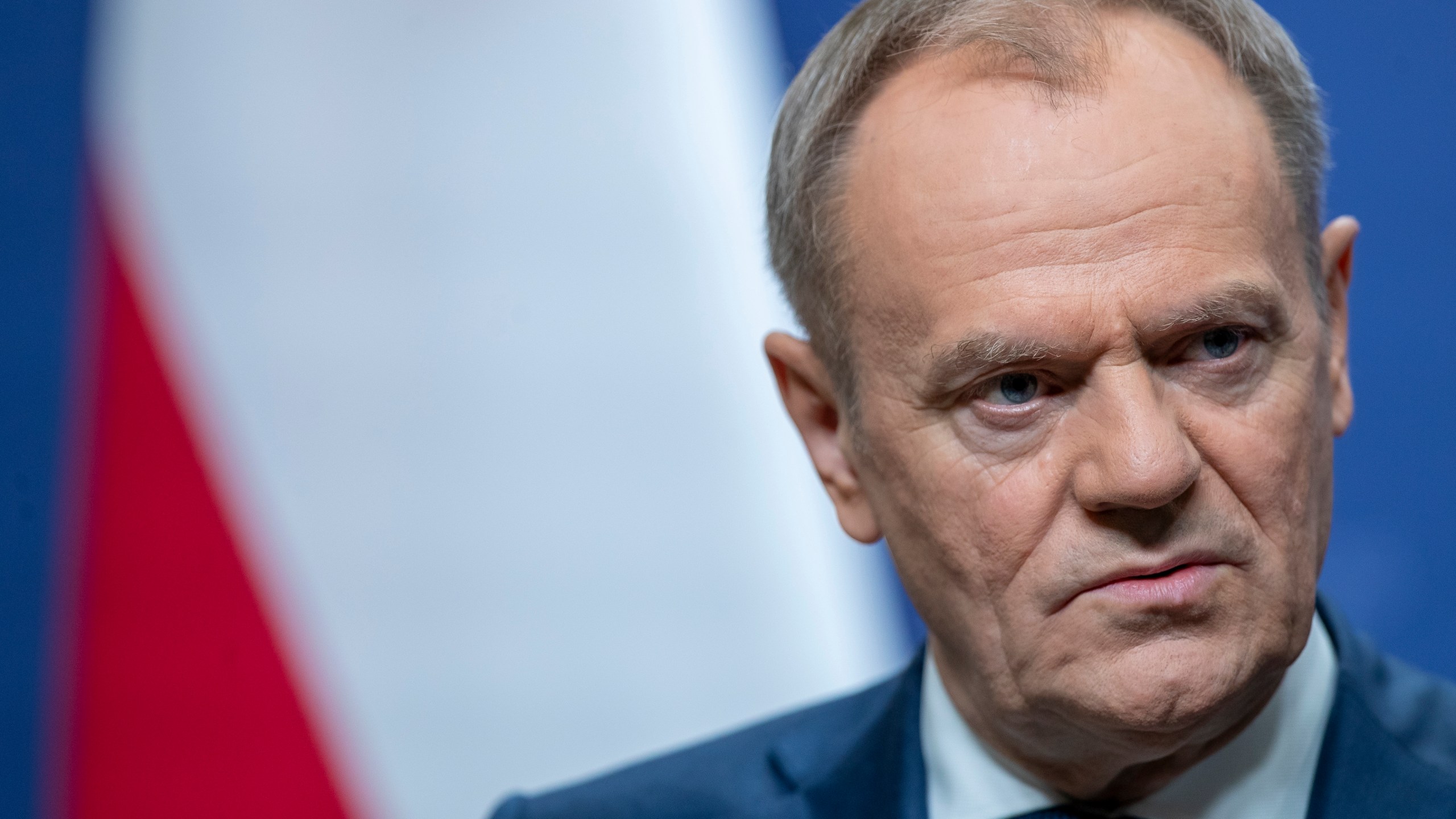 FILE - Poland's Prime Minister Donald Tusk pauses as he speaks, during a news conference following his meeting with Lithuania's Prime Minister Ingrida Simonyte at the government's headquarters in Vilnius, Lithuania, on March 4, 2024. (AP Photo/Mindaugas Kulbis, File)