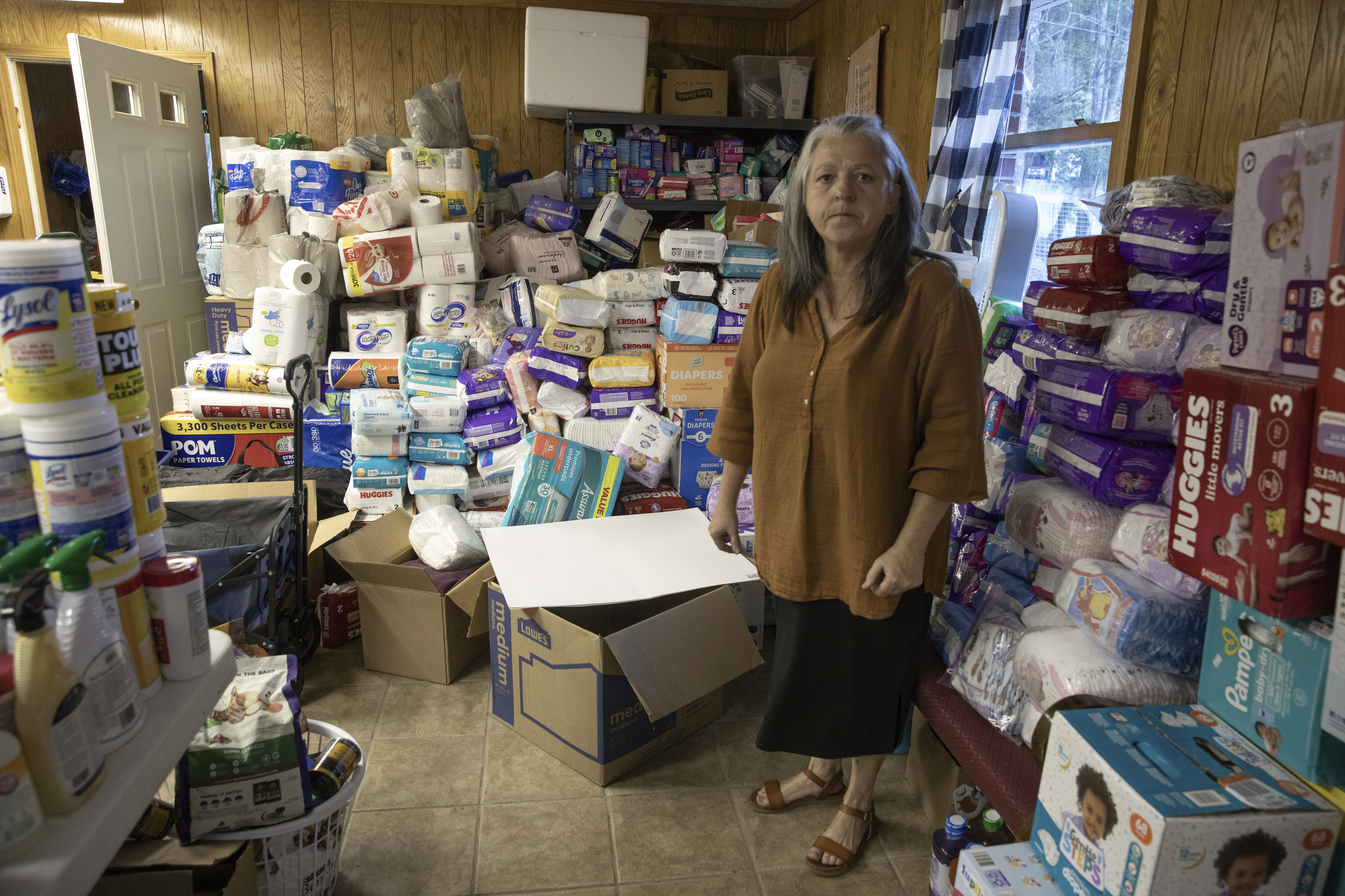 Pam Phillips has been running a resource hub for neighbors out of the Beans Creek Church of the Lord Jesus Christ in Bakersville, N.C. on Oct. 9, 2024. (AP Photo/Gabriela Aoun Angueria)