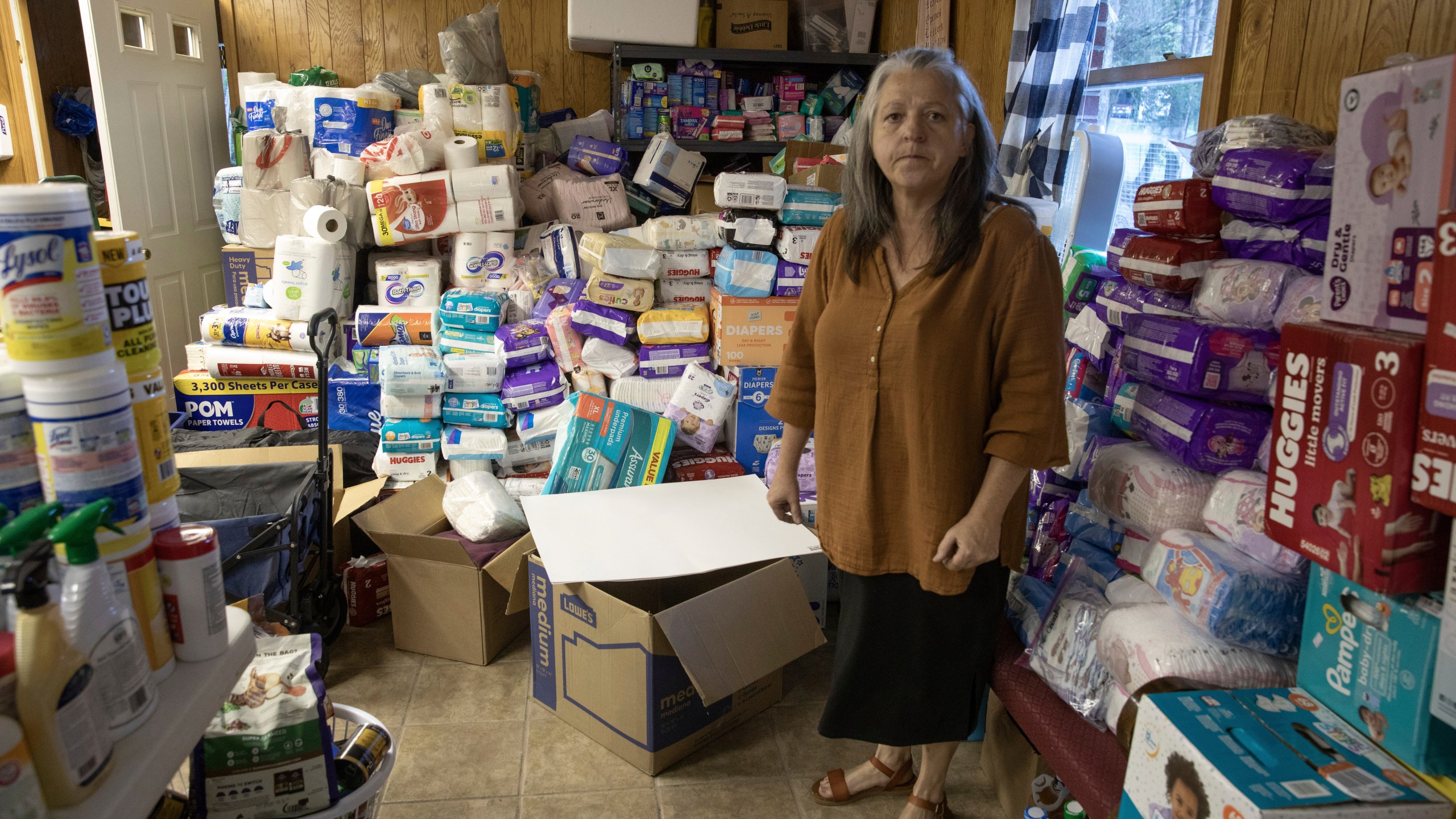 Pam Phillips has been running a resource hub for neighbors out of the Beans Creek Church of the Lord Jesus Christ in Bakersville, N.C. on Oct. 9, 2024. (AP Photo/Gabriela Aoun Angueria)