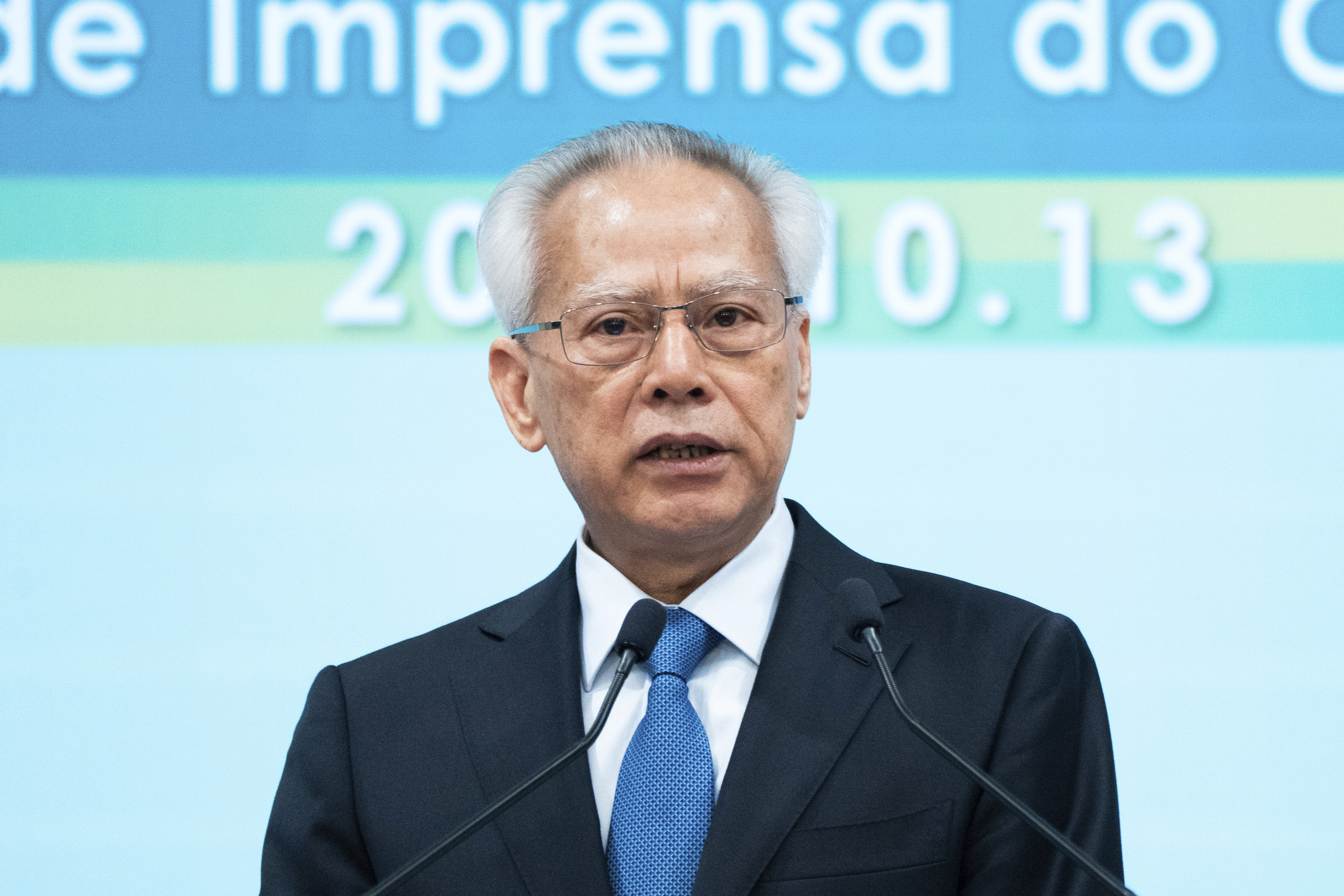 The sole candidate for the Macao chief executive post, Sam Hou Fai, the city's former top judge, speaks after declaring his victory in the chief executive election in Macao, Sunday, Oct. 13, 2024. (AP Photo/Bertha Wang)