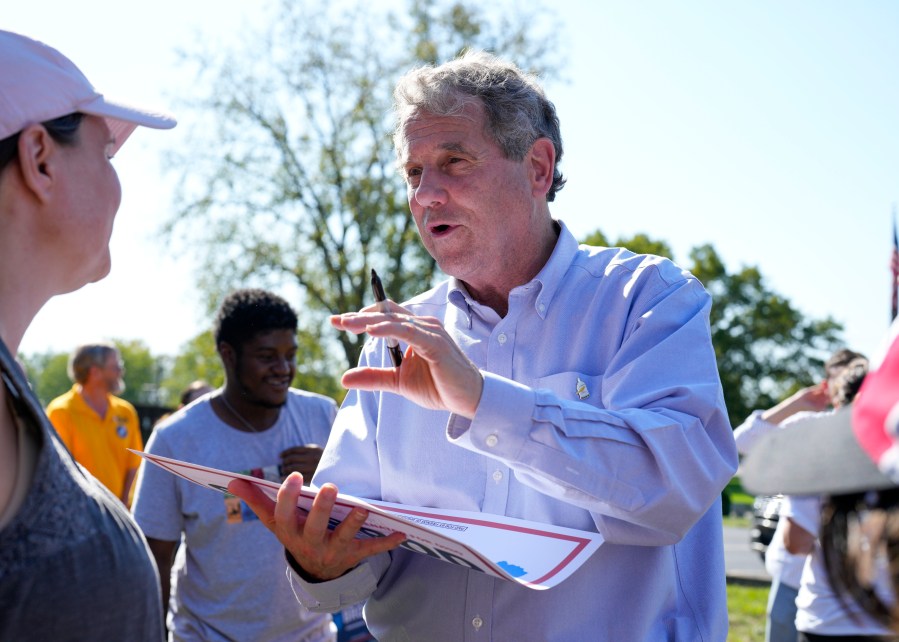 U.S. Sen. Sherrod Brown, D-Ohio, speaks with supporters at a campaign rally, Saturday, Oct. 5, 2024, in Cincinnati. (AP Photo/Jeff Dean)