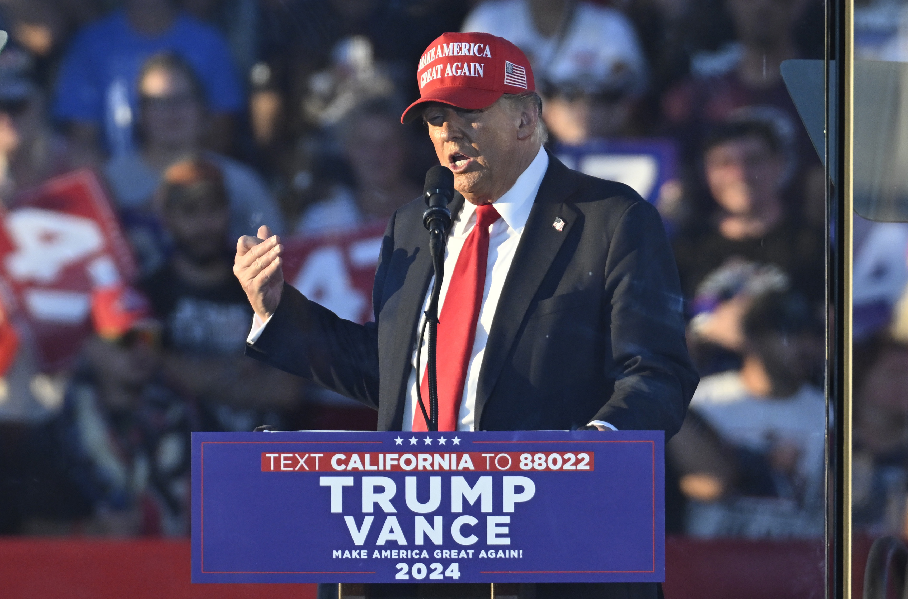 Republican presidential nominee former President Donald Trump speaks at a campaign rally at the Calhoun Ranch, Saturday, Oct. 12, 2024, in Coachella, Calif. (AP Photo/Alex Gallardo)