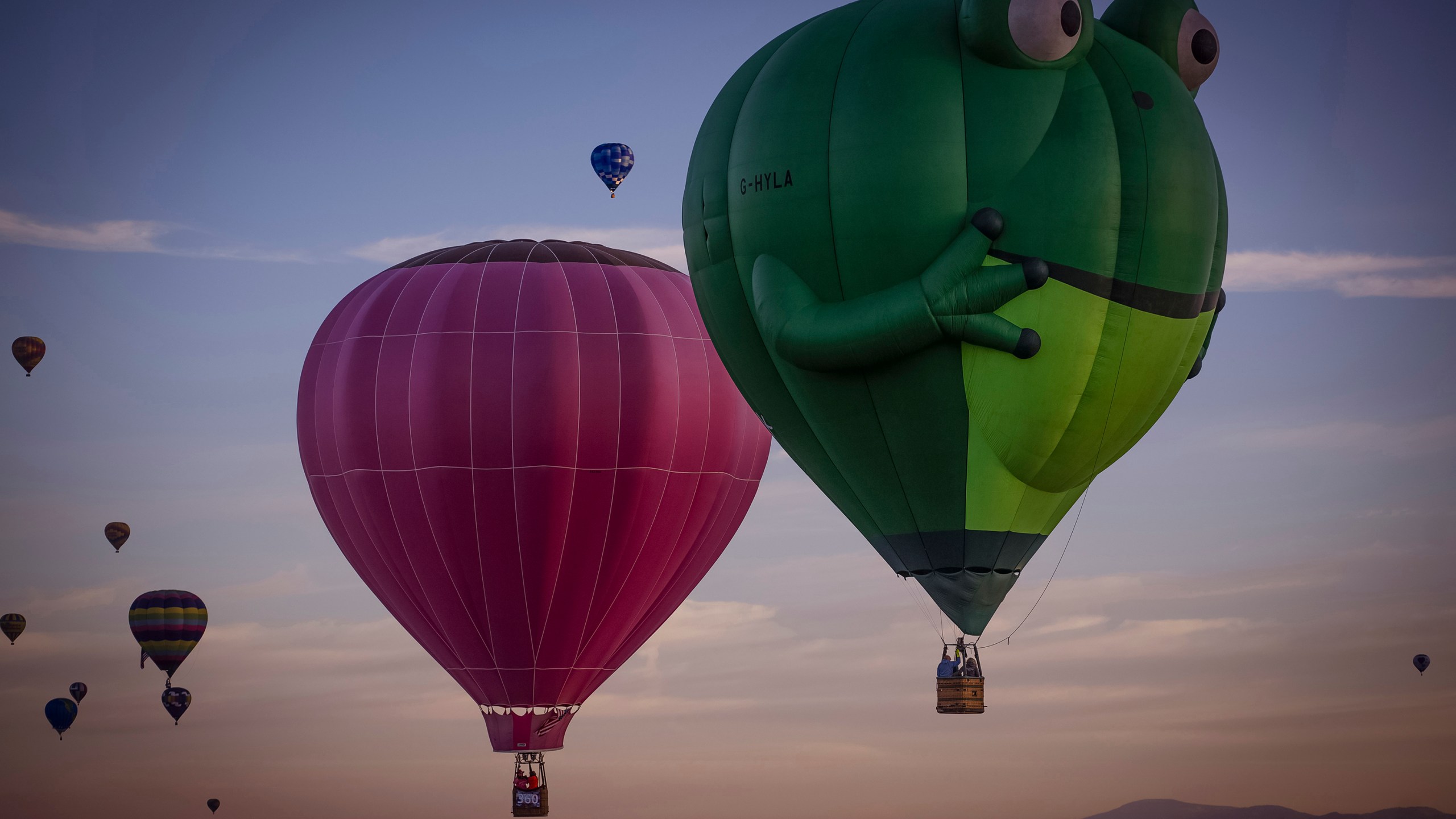 Balloons sail in the sky captured during flight in Meow Wolf's Skyworm hot air balloon during the Albuquerque International Balloon Fiesta at Balloon Fiesta Park in Albuquerque, N.M., on Tuesday, Oct. 8, 2024.v. (Chancey Bush/The Albuquerque Journal via AP)