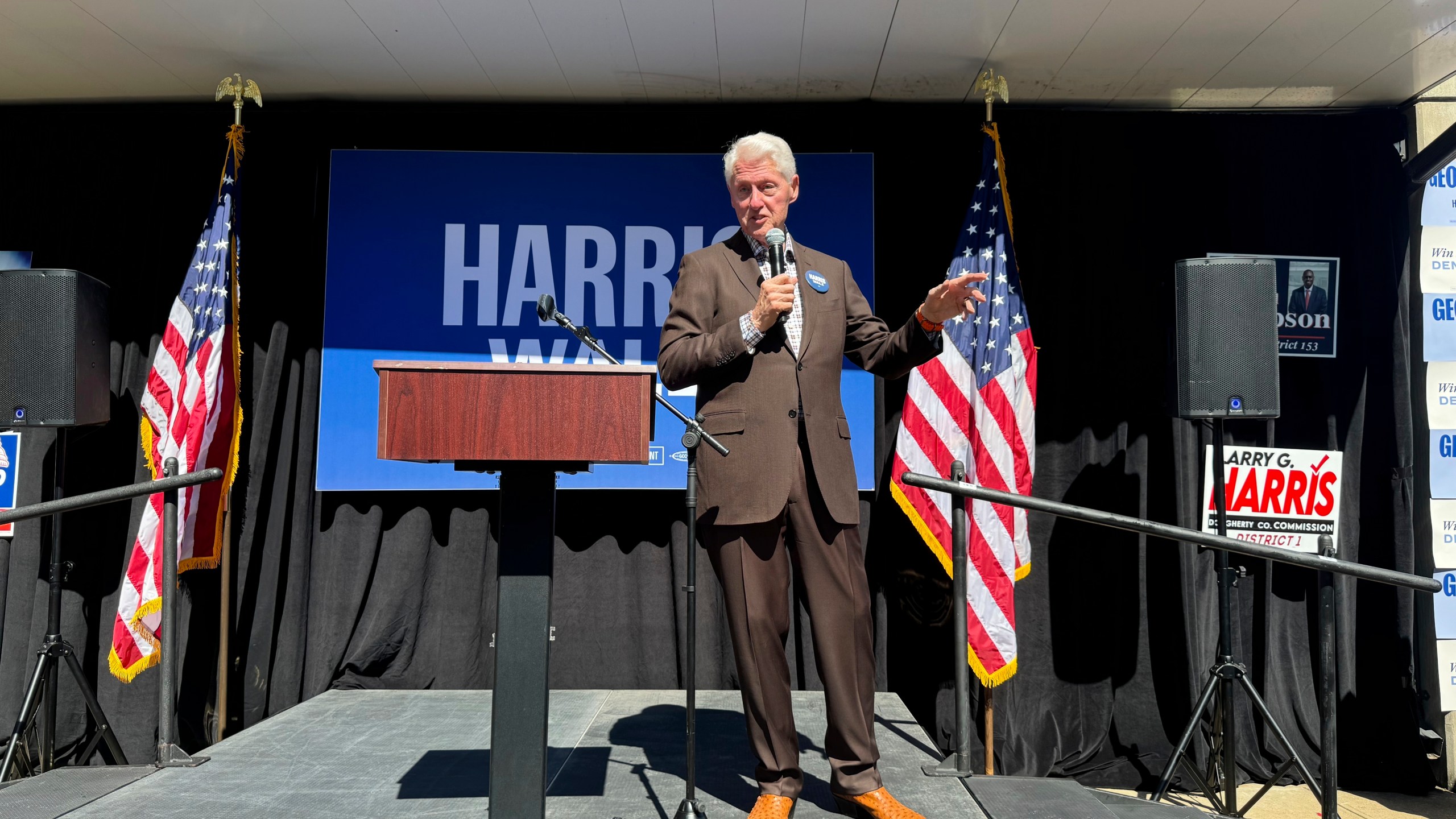 Former President Bill Clinton speaks at a canvassing launch for Vice President Kamala Harris' campaign in Albany, Ga. on Sunday, Oct. 13, 2024. (AP Photo/Charlotte Kramon)