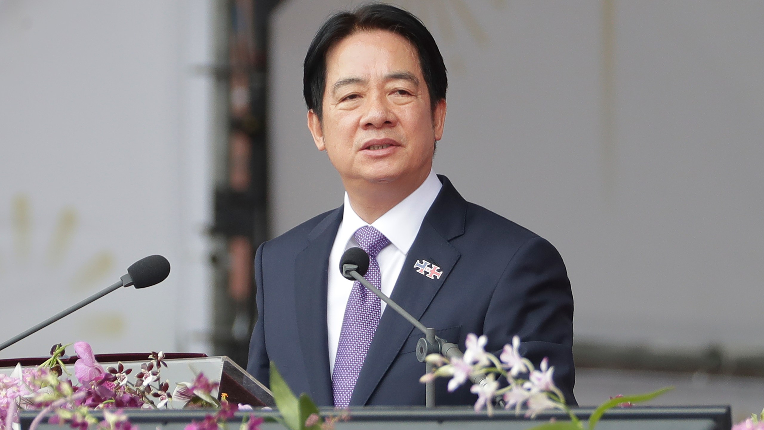 Taiwanese President Lai Ching-te delivers a speech during National Day celebrations in front of the Presidential Building in Taipei, Taiwan, Thursday, Oct. 10, 2024. (AP Photo/Chiang Ying-ying)