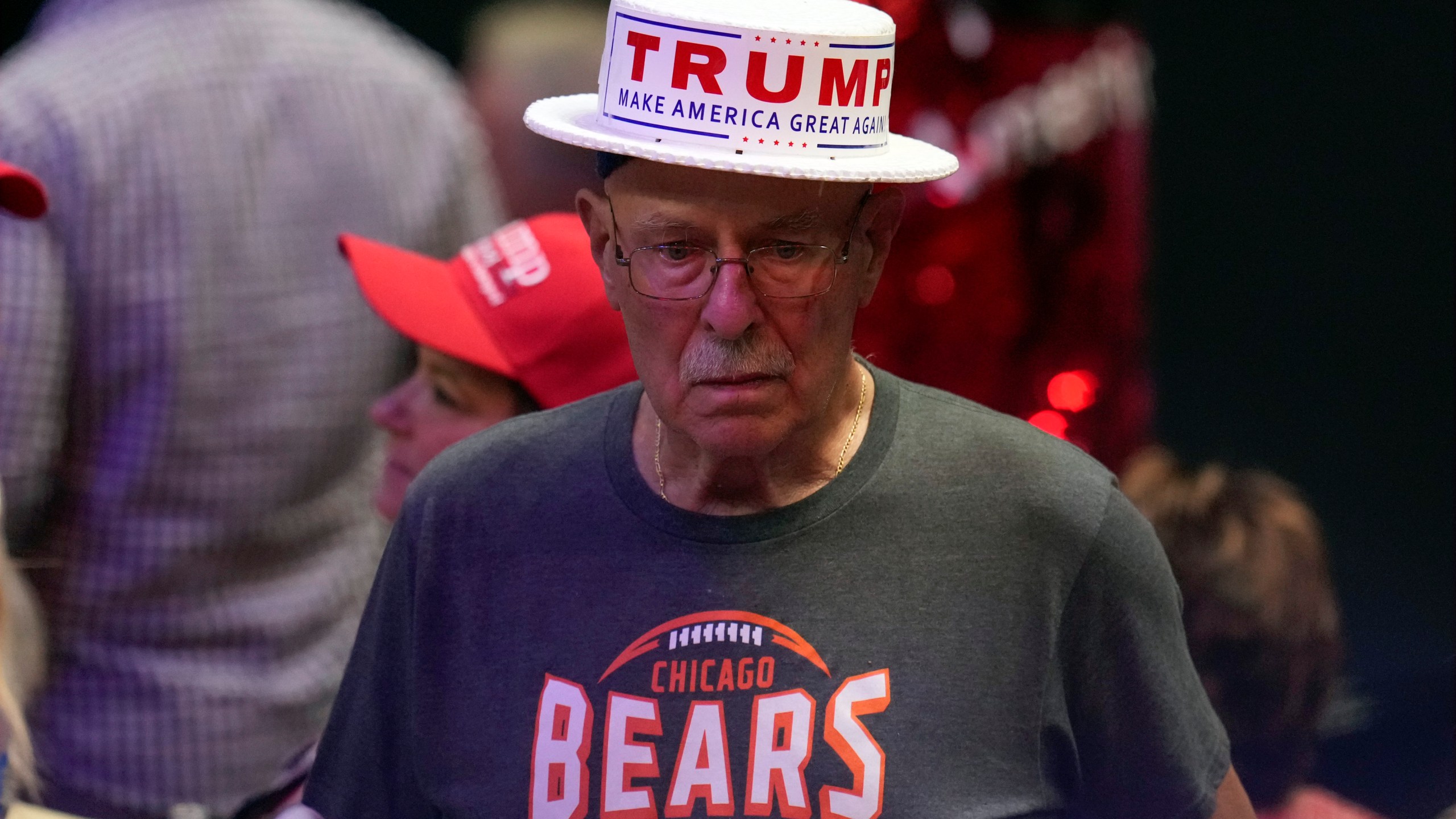 A supporter arrives before Republican presidential nominee former President Donald Trump speaks at a campaign rally at the Findlay Toyota Arena Sunday, Oct. 13, 2024, in Prescott Valley, Ariz. (AP Photo/Ross D. Franklin)