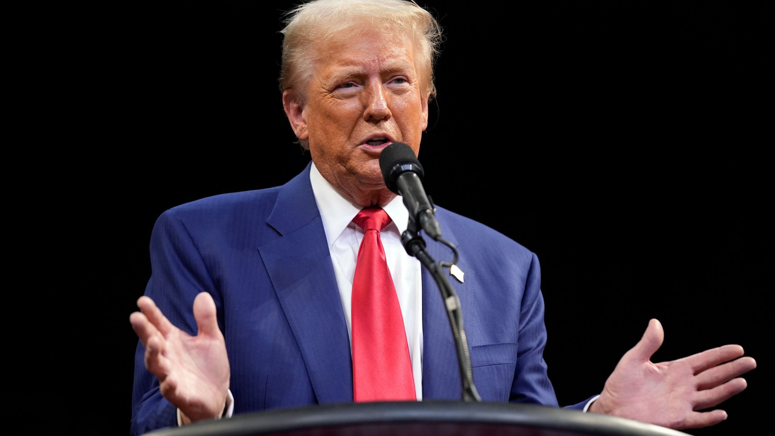 Republican presidential nominee former President Donald Trump speaks at a campaign rally at the Findlay Toyota Arena Sunday, Oct. 13, 2024, in Prescott Valley, Ariz. (AP Photo/Evan Vucci)