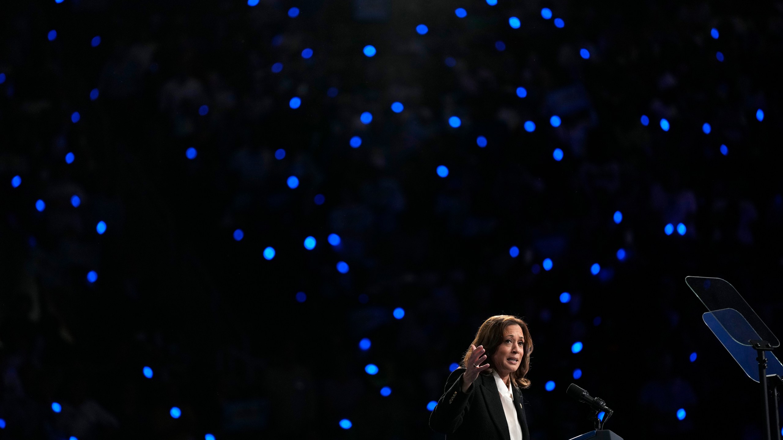 Democratic presidential nominee Vice President Kamala Harris speaks at a campaign rally at East Carolina University in Greenville, N.C., Sunday, Oct. 12, 2024. (AP Photo/Susan Walsh)