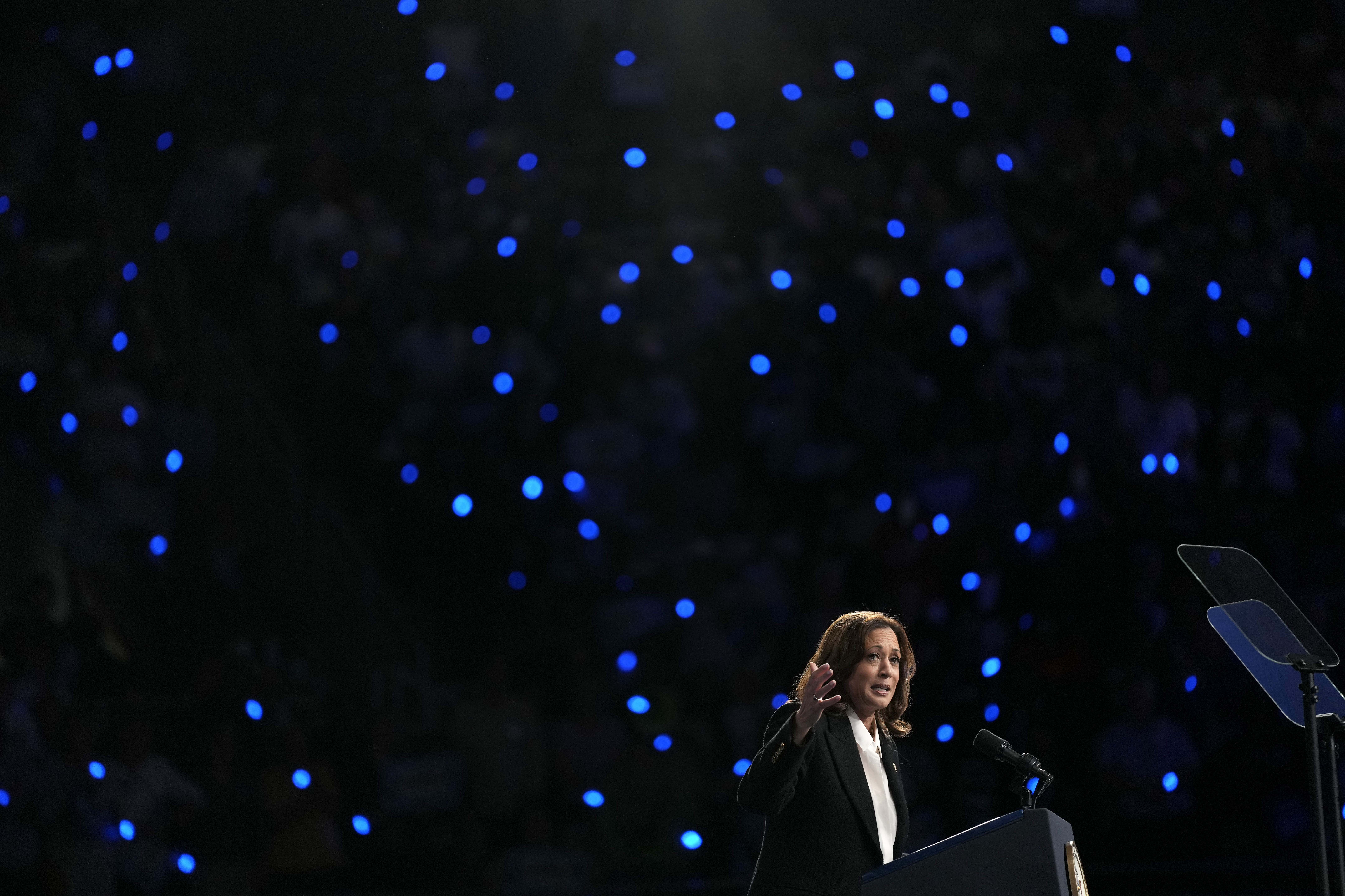 Democratic presidential nominee Vice President Kamala Harris speaks at a campaign rally at East Carolina University in Greenville, N.C., Sunday, Oct. 12, 2024. (AP Photo/Susan Walsh)