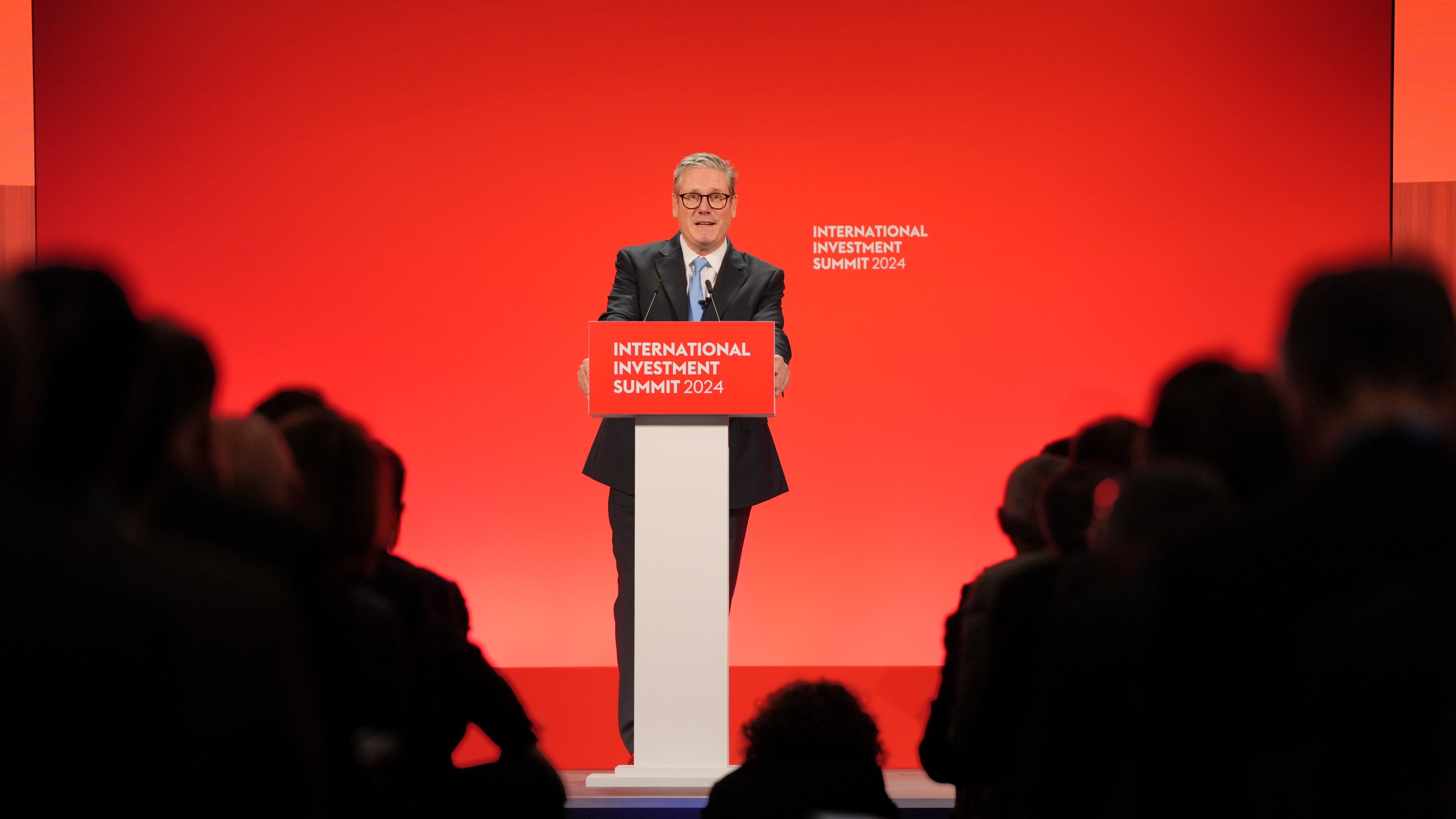 Britain's Prime Minister Keir Starmer speaks during the International Investment Summit in London, Monday, Oct. 14, 2024. (Jonathan Brady/Pool Photo via AP)