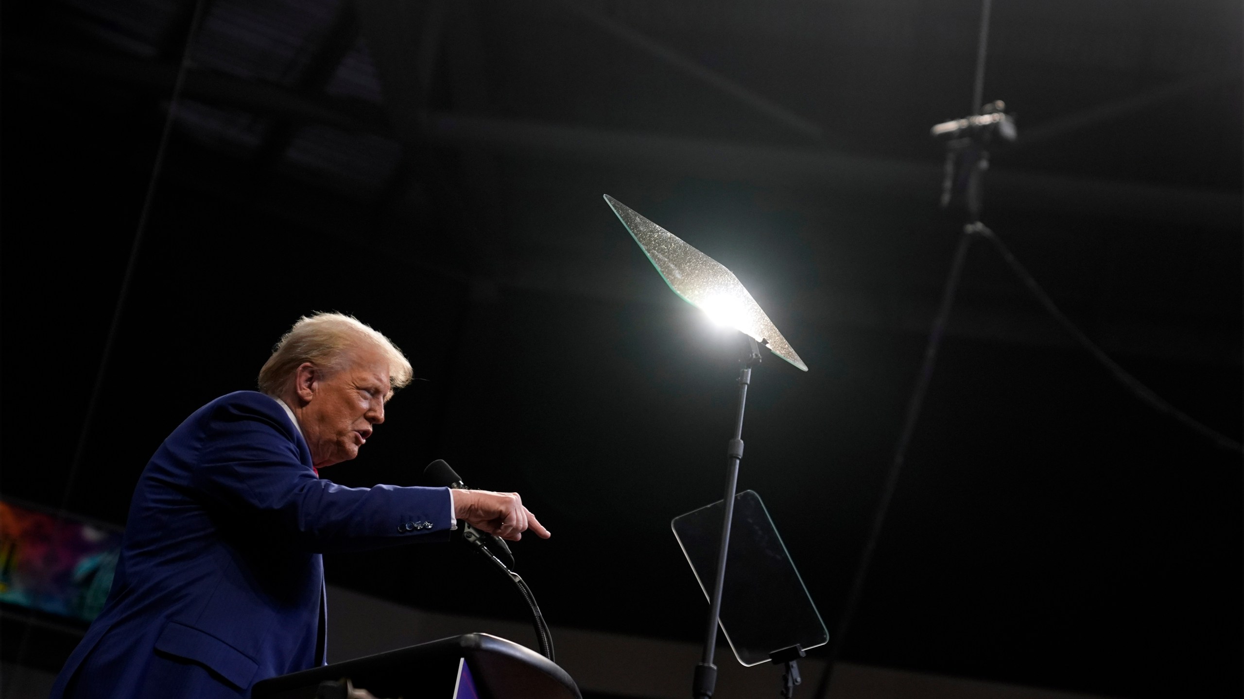 Republican presidential nominee former President Donald Trump speaks at a campaign rally at the Findlay Toyota Arena Sunday, Oct. 13, 2024, in Prescott Valley, Ariz. (AP Photo/Evan Vucci)