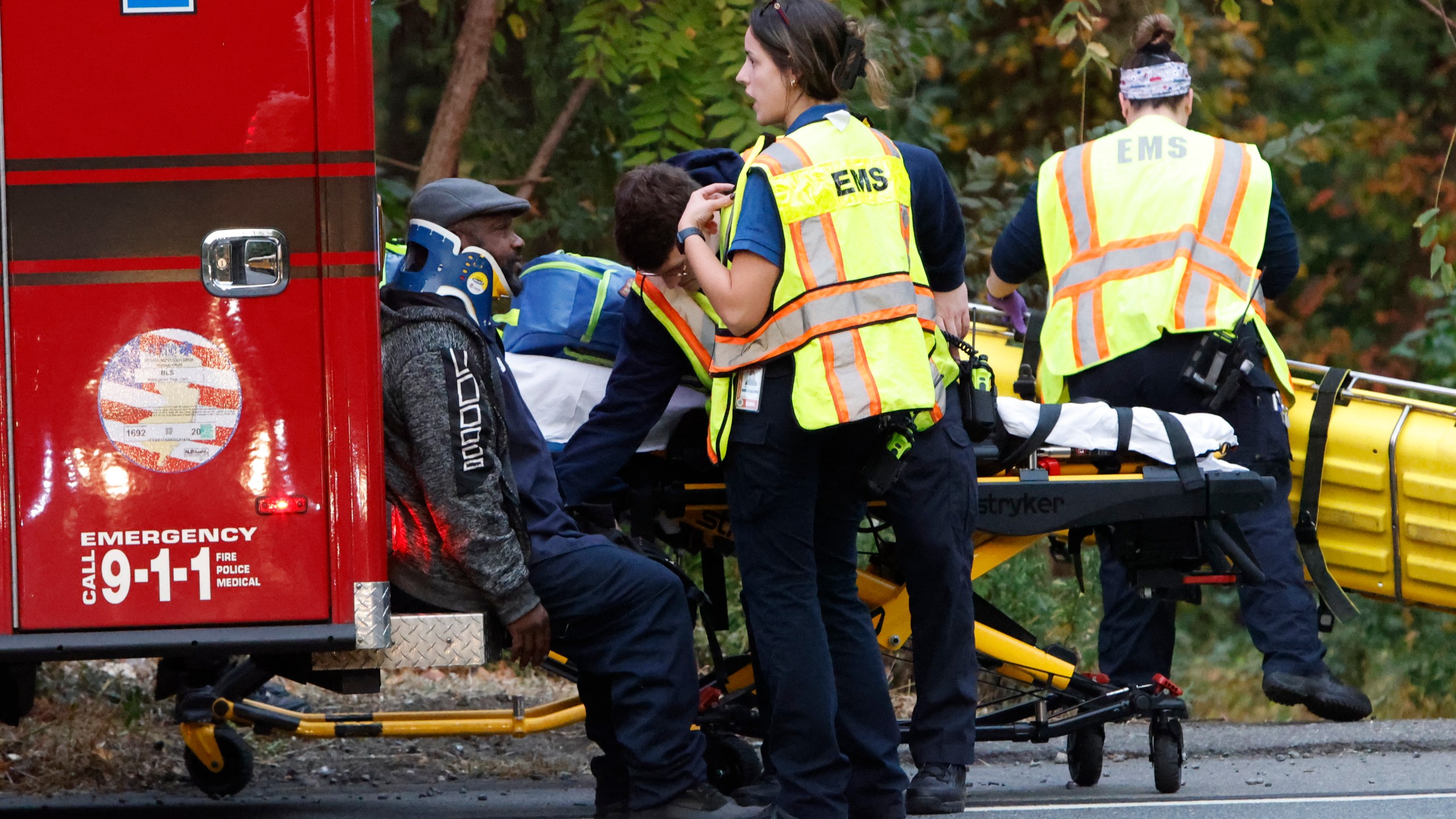 Fire and rescue personnel are on the scene of a train accident in Mansfield Twp., Burlington County, Monday, Oct. 14, 2024. (Alejandro A. Alvarez/The Philadelphia Inquirer via AP)