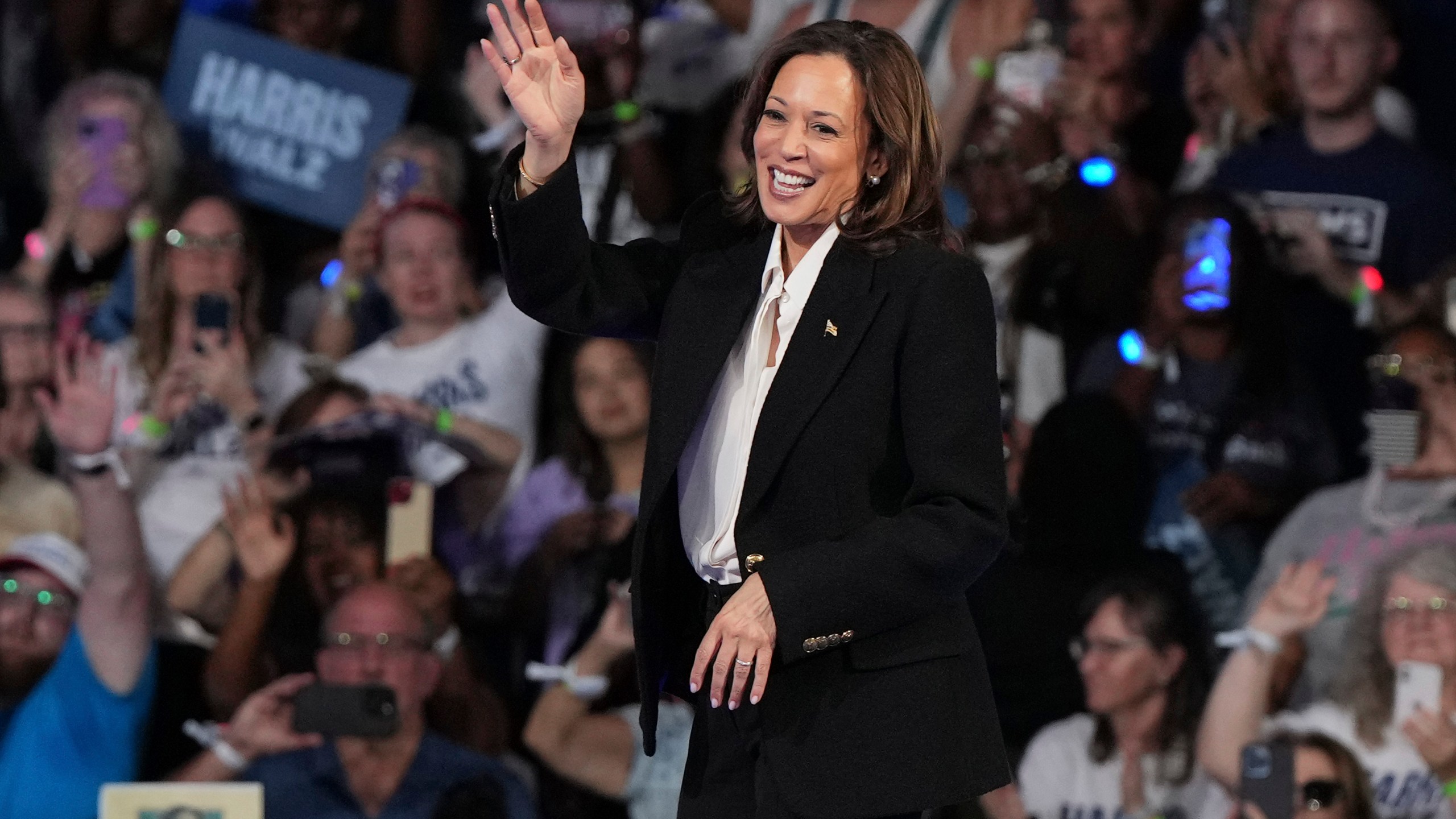 Democratic presidential nominee Vice President Kamala Harris speaks during a campaign event at East Carolina University, Sunday, Oct. 13, 2024, in Greenville, N.C. (AP Photo/David Yeazell)