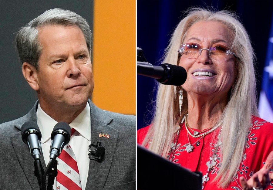 This combination photo shows Gov. Brian Kemp, left, at an event, Jan. 12, 2023, in Atlanta, and Miriam Adelson at an event, Sept. 19 2024, in Washington. (AP Photo)