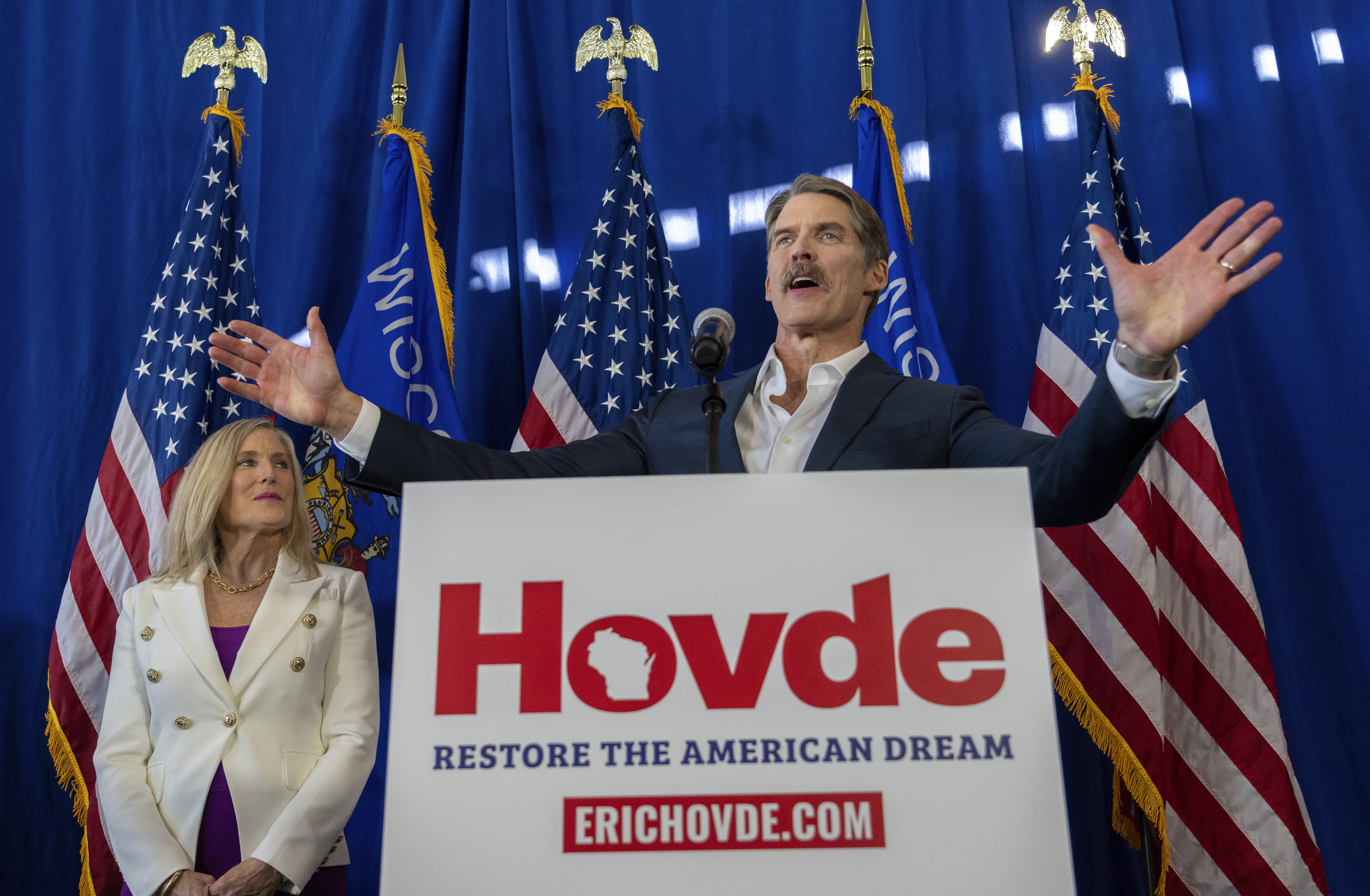 FILE - Eric Hovde, a Republican businessman and real estate mogul launched, announces he is running for U.S. Senate against Wisconsin Democratic incumbent Sen. Tammy Baldwin, Feb. 20, 2024, in Madison, Wis. (Mark Hoffman=wimil