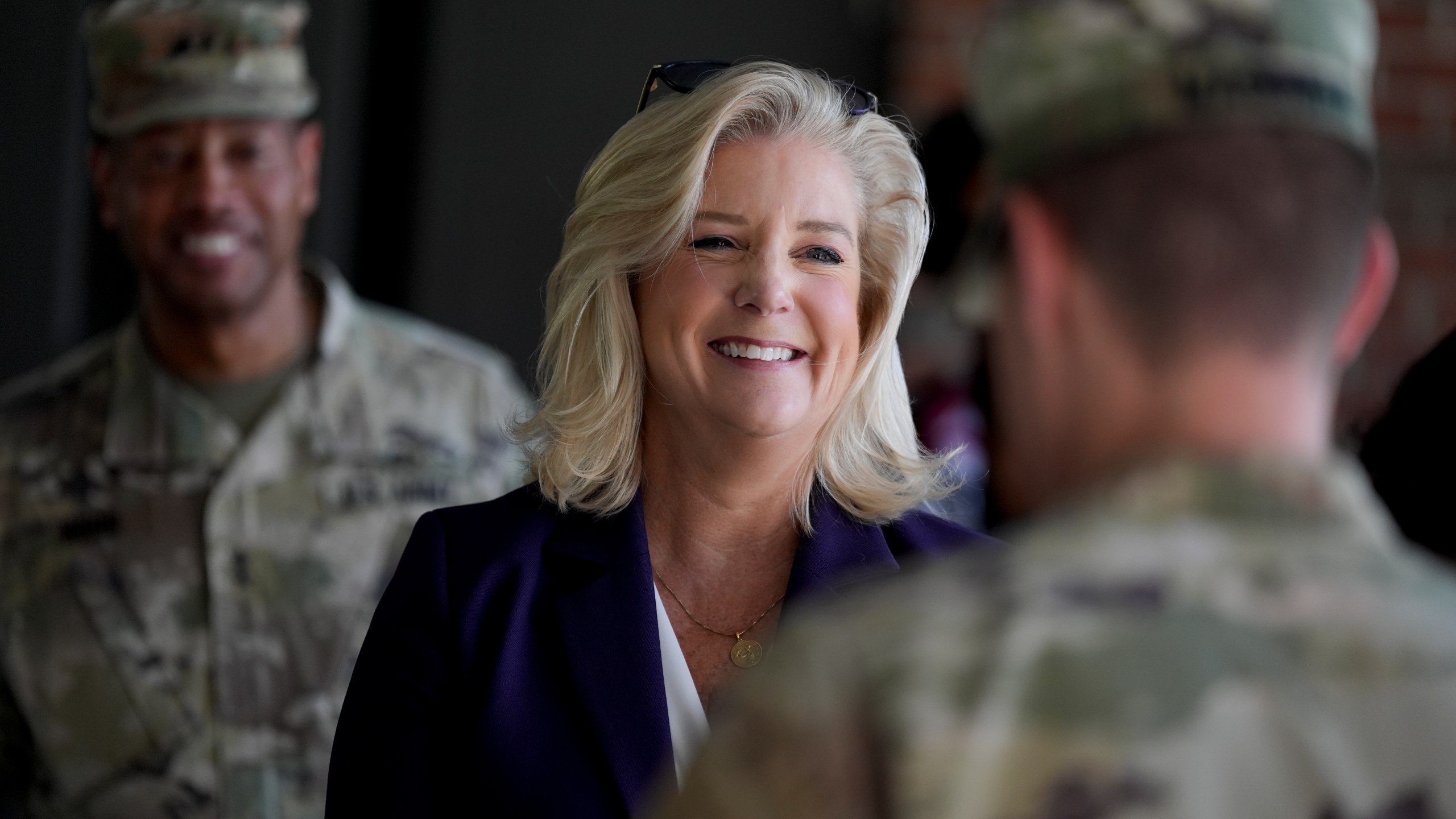 Army Secretary Christine Wormuth talks with soldiers at Fort Jackson, a U.S. Army Training Center, Wednesday, Sept. 25, 2024, in Columbia, S.C. (AP Photo/Chris Carlson)