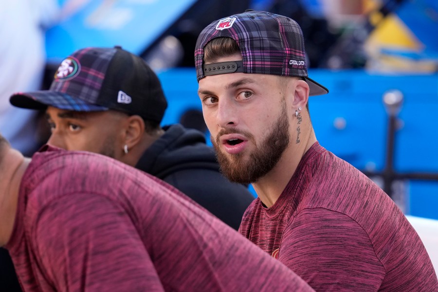 San Francisco 49ers wide receiver Ricky Pearsall sits on the bench during the second half of an NFL football game against the New England Patriots in Santa Clara, Calif., Sunday, Sept. 29, 2024. (AP Photo/Godofredo A. Vásquez)