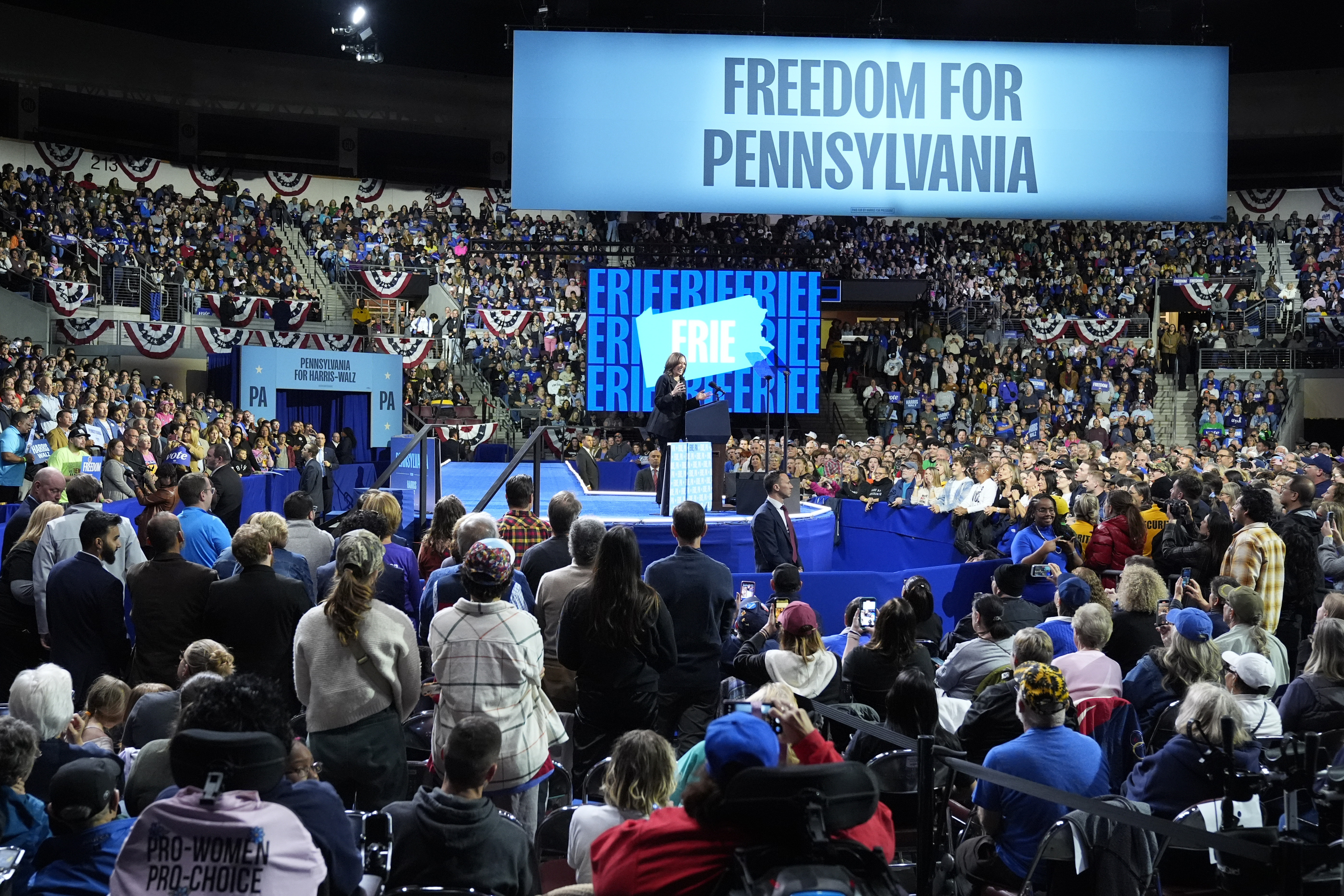 Democratic presidential nominee Vice President Kamala Harris speaks during a campaign rally at Erie Insurance Arena, in Erie, Pa., Monday, Oct. 14, 2024. (AP Photo/Jacquelyn Martin)