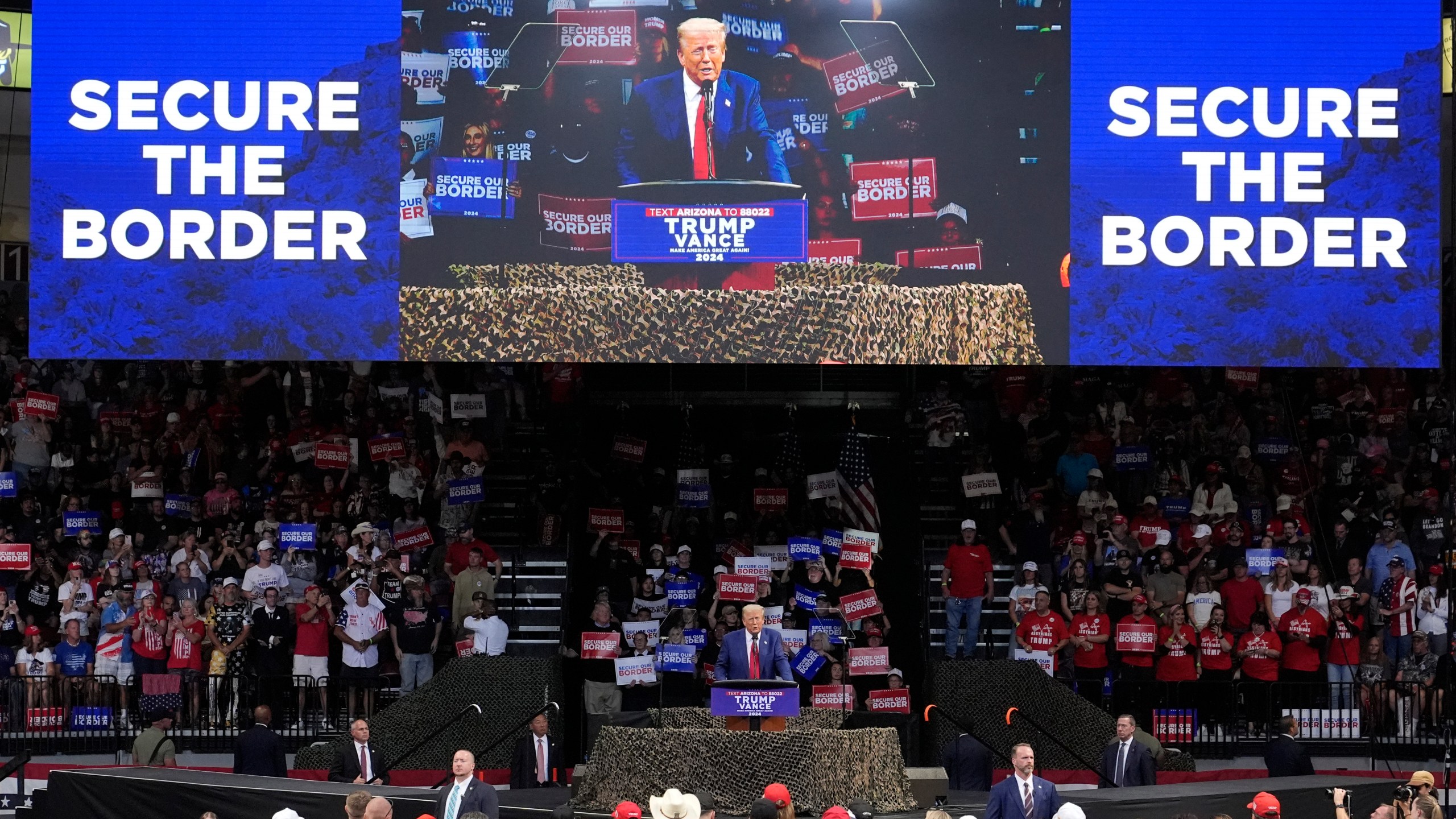 Republican presidential nominee former President Donald Trump speaks at a campaign rally at the Findlay Toyota Arena Sunday, Oct. 13, 2024, in Prescott Valley, Ariz. (AP Photo/Ross Franklin)