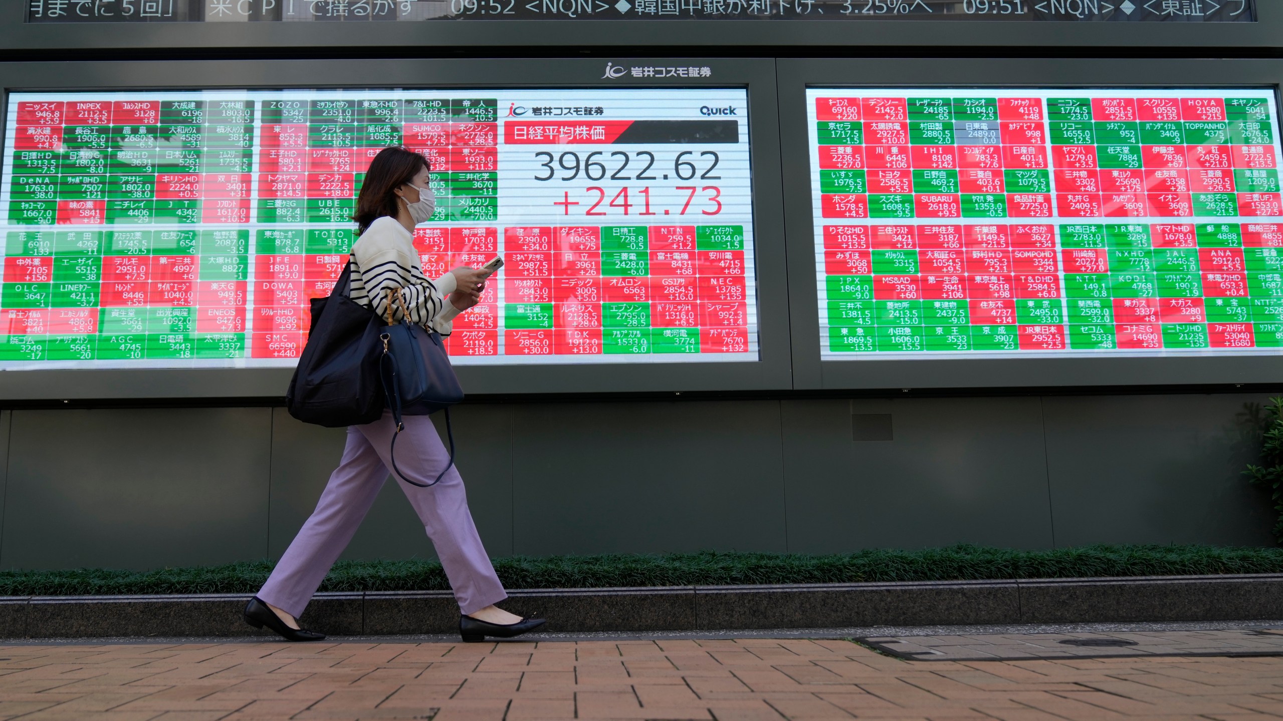 FILE -A passerby moves past an electronic stock board showing Japan's Nikkei 225 index and stock prices outside a securities building Friday, Oct. 11, 2024 in Tokyo. (AP Photo/Shuji Kajiyama, File)