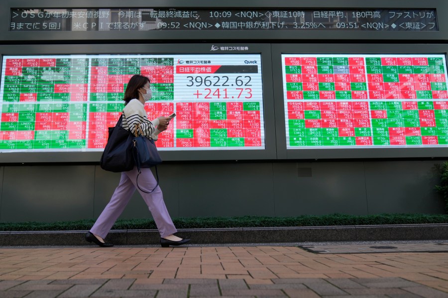 FILE -A passerby moves past an electronic stock board showing Japan's Nikkei 225 index and stock prices outside a securities building Friday, Oct. 11, 2024 in Tokyo. (AP Photo/Shuji Kajiyama, File)