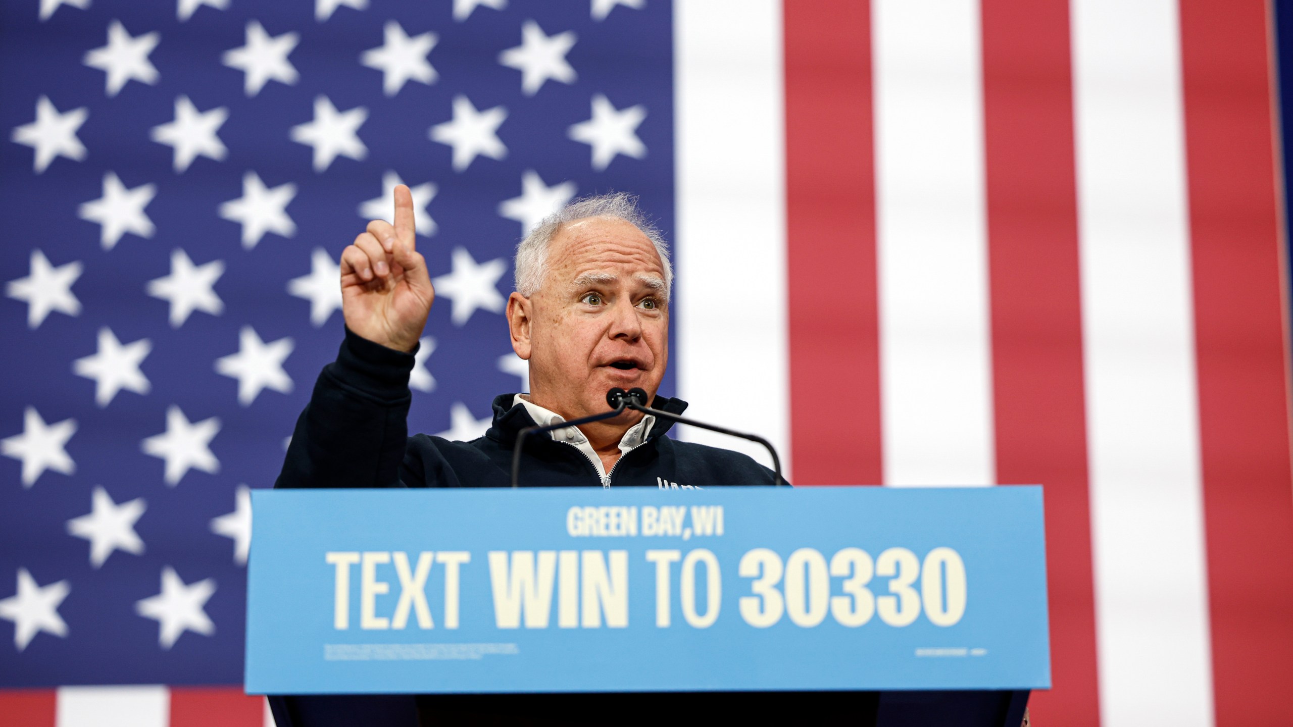 Democratic vice presidential nominee Minnesota Gov. Tim Walz speaks at a campaign event Monday, Oct. 14, 2024, in Green Bay, Wis. (AP Photo/Jeffrey Phelps)