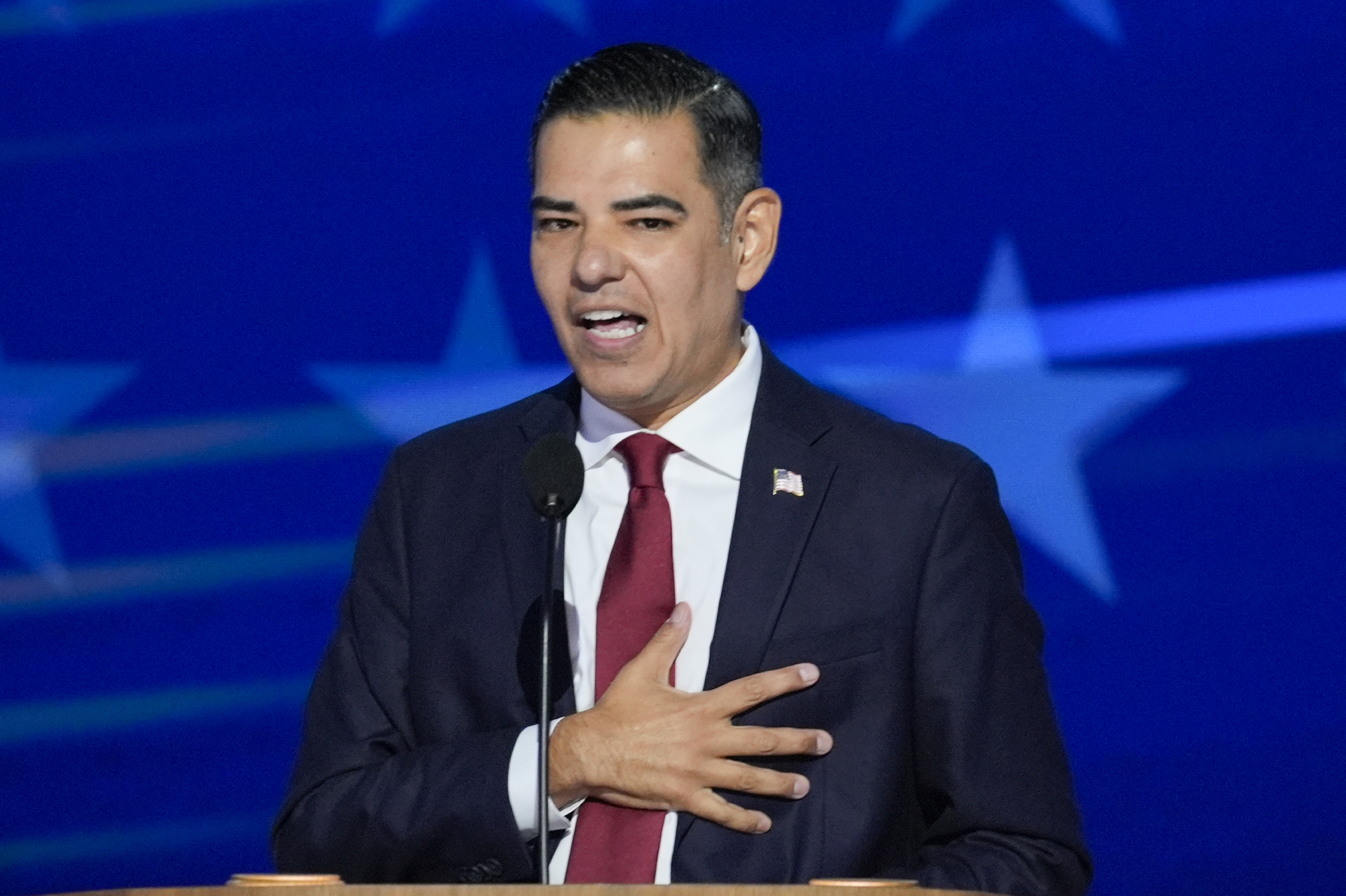 FILE - Rep. Robert Garcia, D-CA., speaks during the Democratic National Convention Aug. 19, 2024, in Chicago. (AP Photo/J. Scott Applewhite, File)