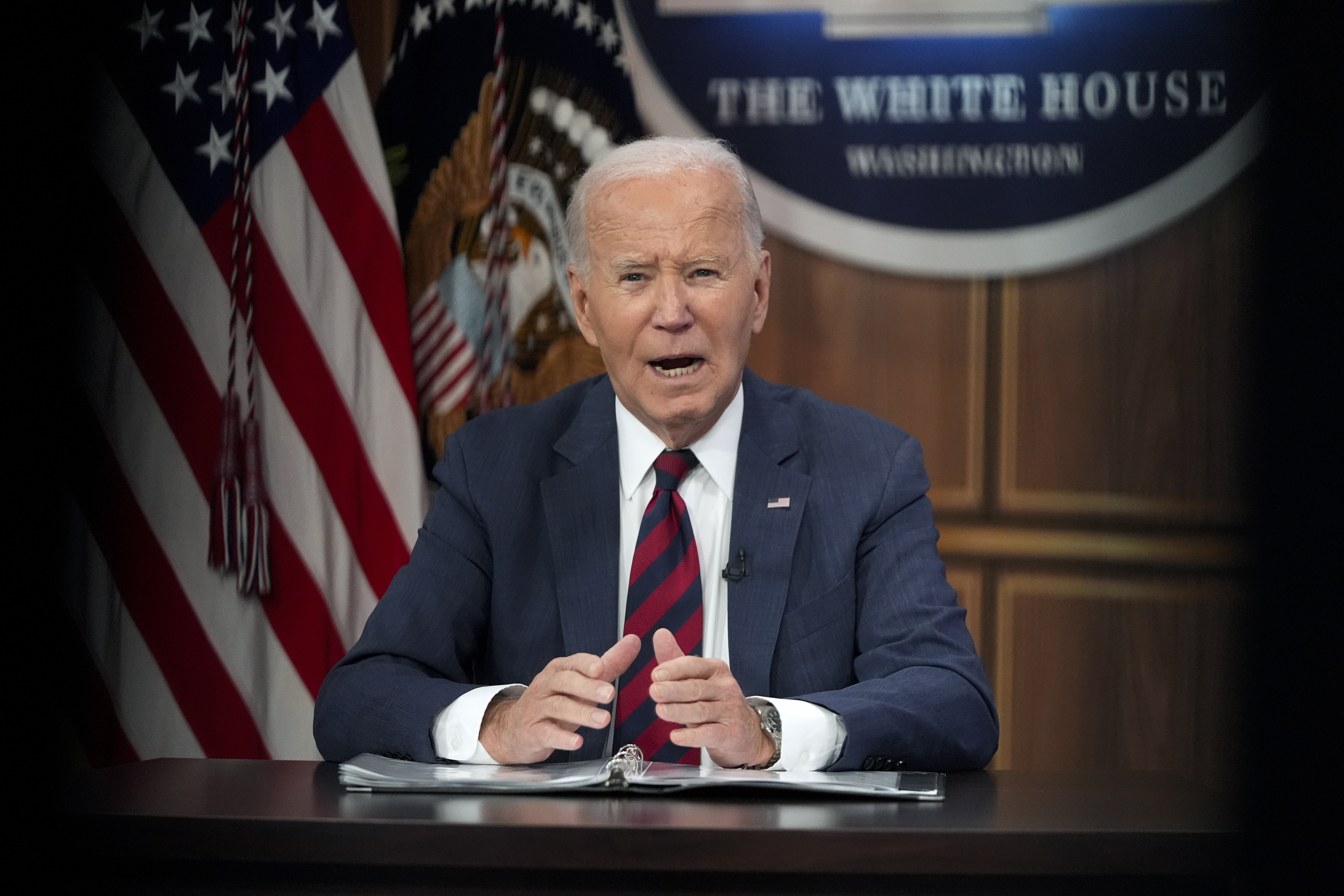 President Joe Biden speaks during a briefing about preparations for Hurricane Milton and the response to Hurricane Helene in the South Court Auditorium on the White House complex in Washington, Wednesday, Oct. 9, 2024. (AP Photo/Mark Schiefelbein)