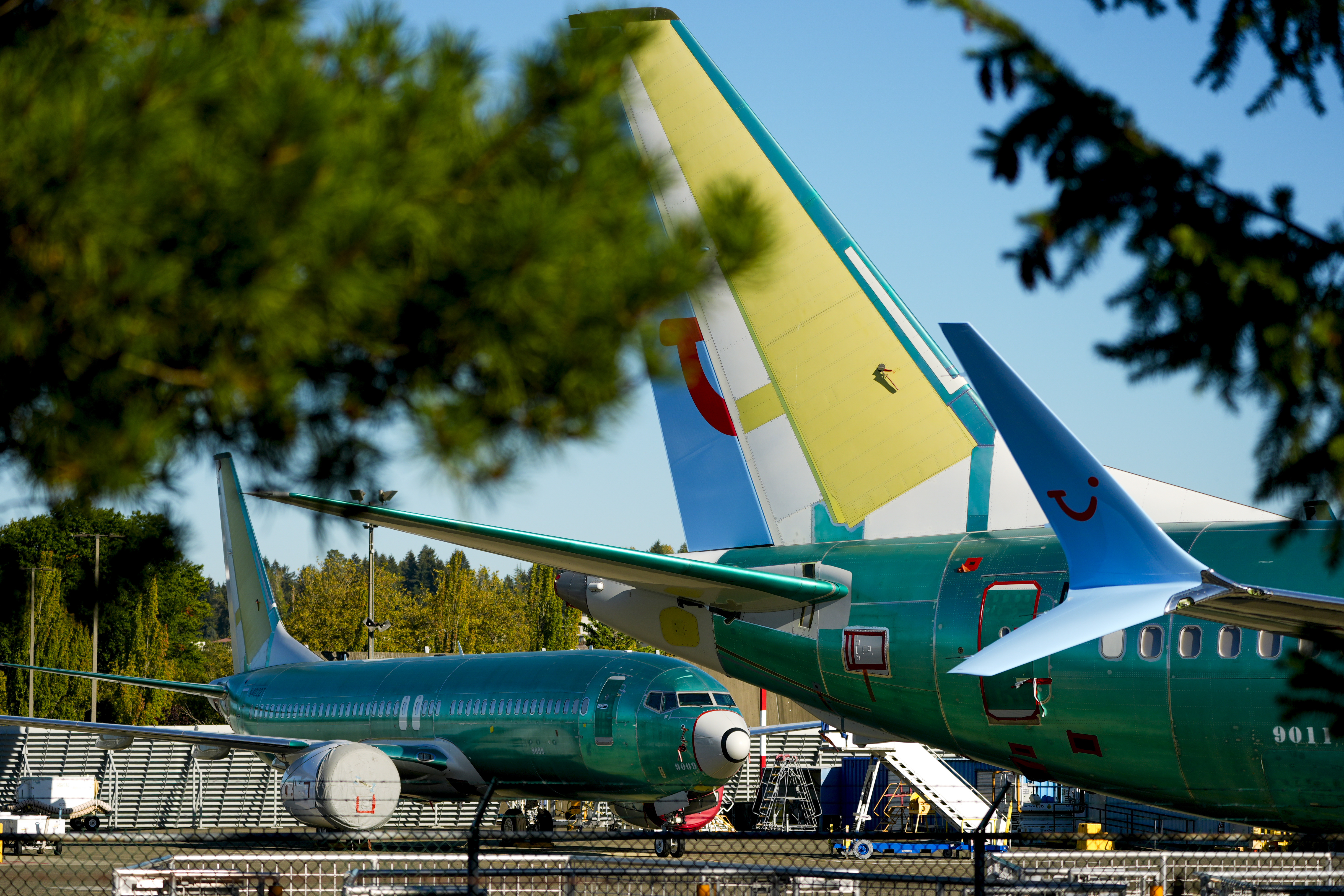 FILE - Unpainted Boeing 737 Max aircraft are seen on Sept. 24, 2024, at the company's facilities in Renton, Wash. (AP Photo/Lindsey Wasson, File)