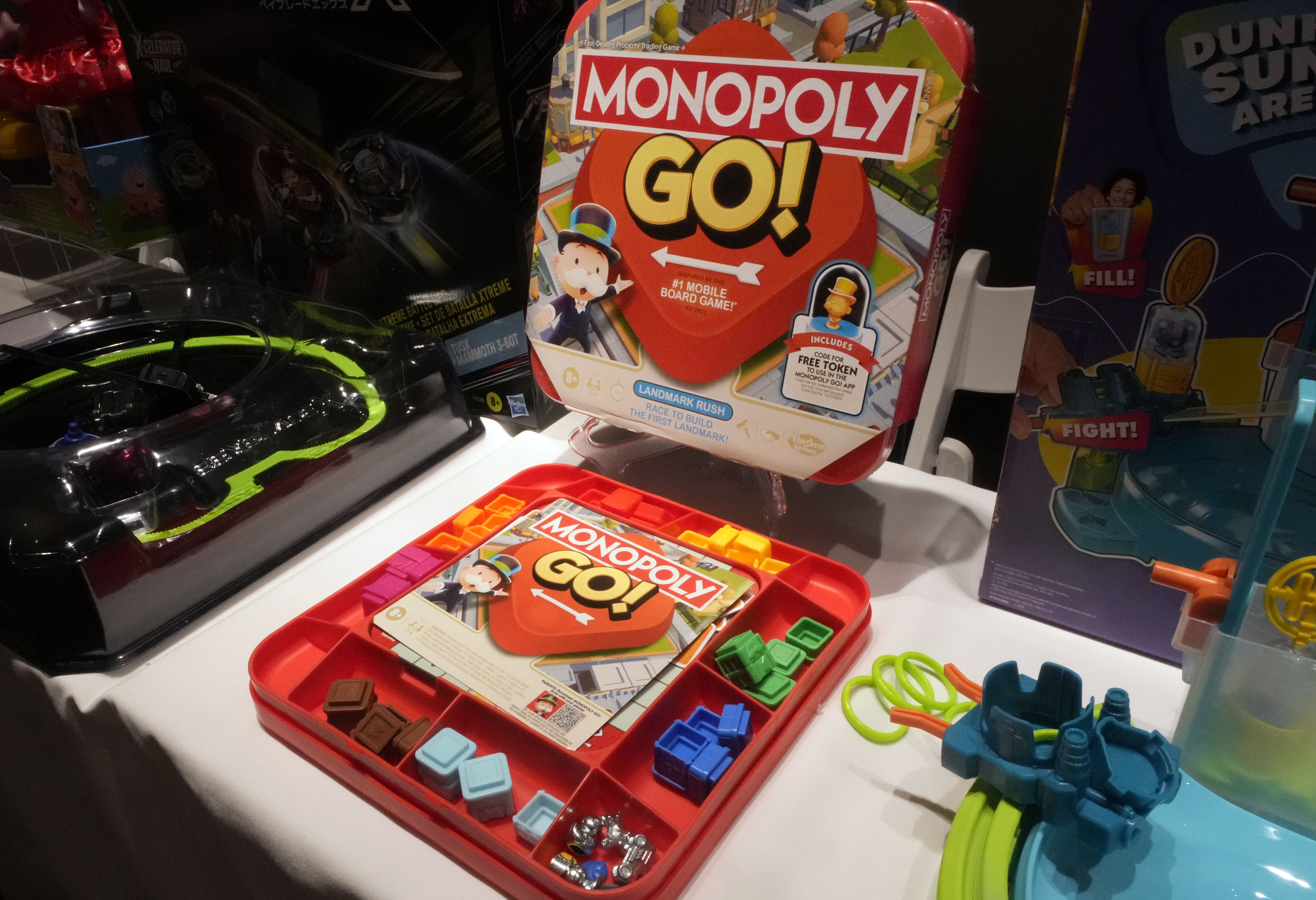 FILE - The Monopoly Go Board Game, from Hasbro, is displayed at the TTPM 2024 Holiday Showcase event, in New York, Sept. 17, 2024. (AP Photo/Richard Drew, File)