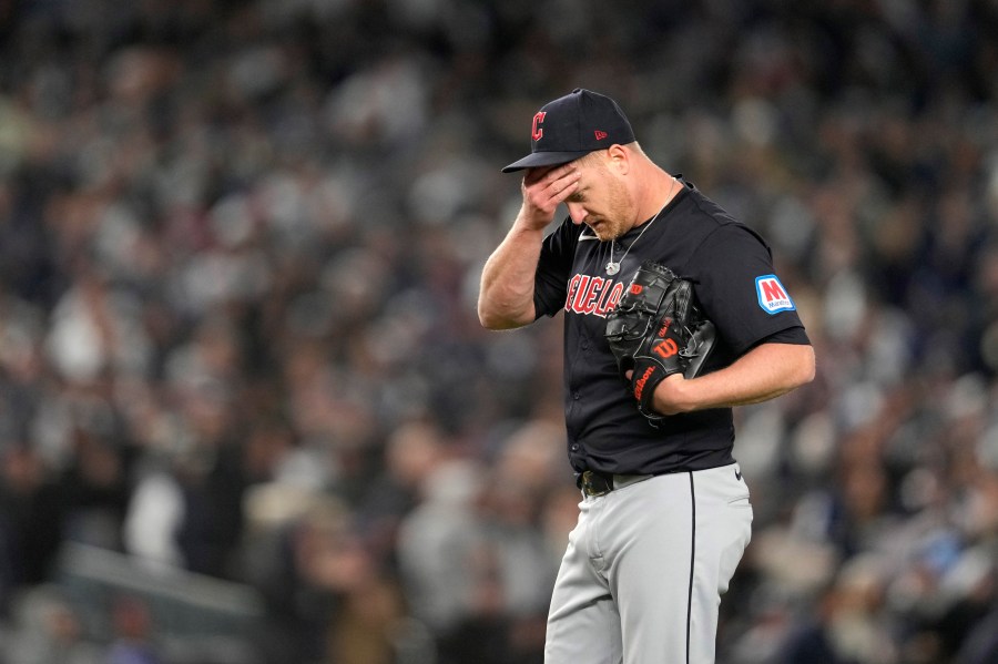 Cleveland Guardians starting pitcher Alex Cobb reacts after walking New York Yankees' Anthony Volpe during the third inning in Game 1 of the baseball AL Championship Series Monday, Oct. 14, 2024, in New York. (AP Photo/Godofredo Vásquez)