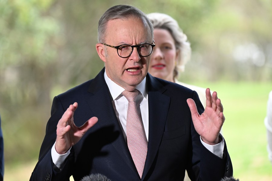 Australian Prime Minister Anthony Albanese gestures during a press conference in Logan City, near Brisbane, Tuesday, Oct. 15, 2024. (Darren England/AAP Image via AP)