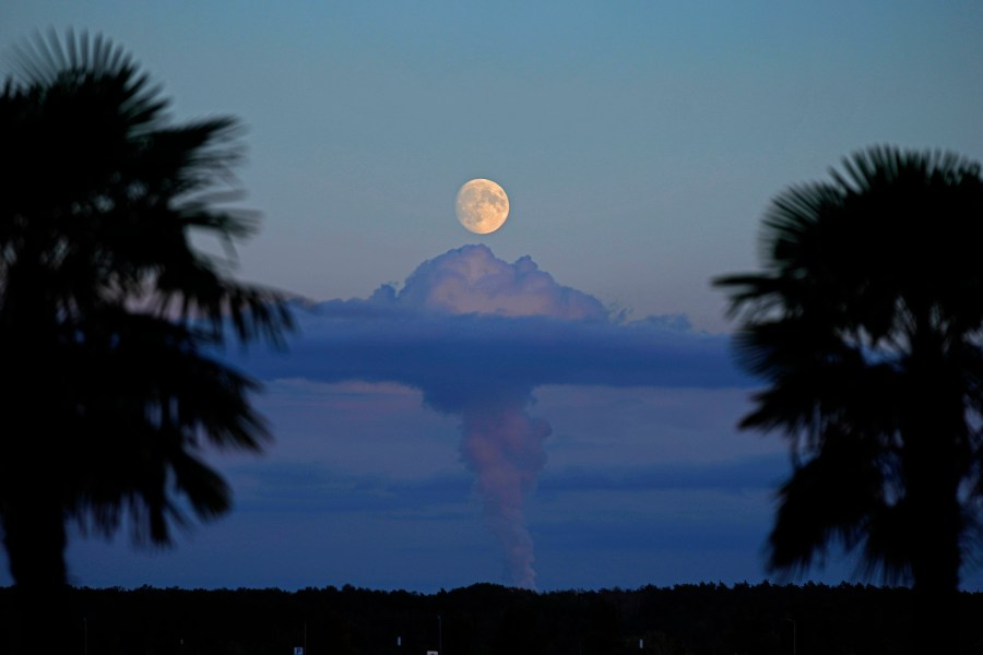 Steam rises from cooling towers of a power plant as the moon rises near Senftenberg, Germany, Tuesday, Oct. 15, 2024. (AP Photo/Matthias Schrader)