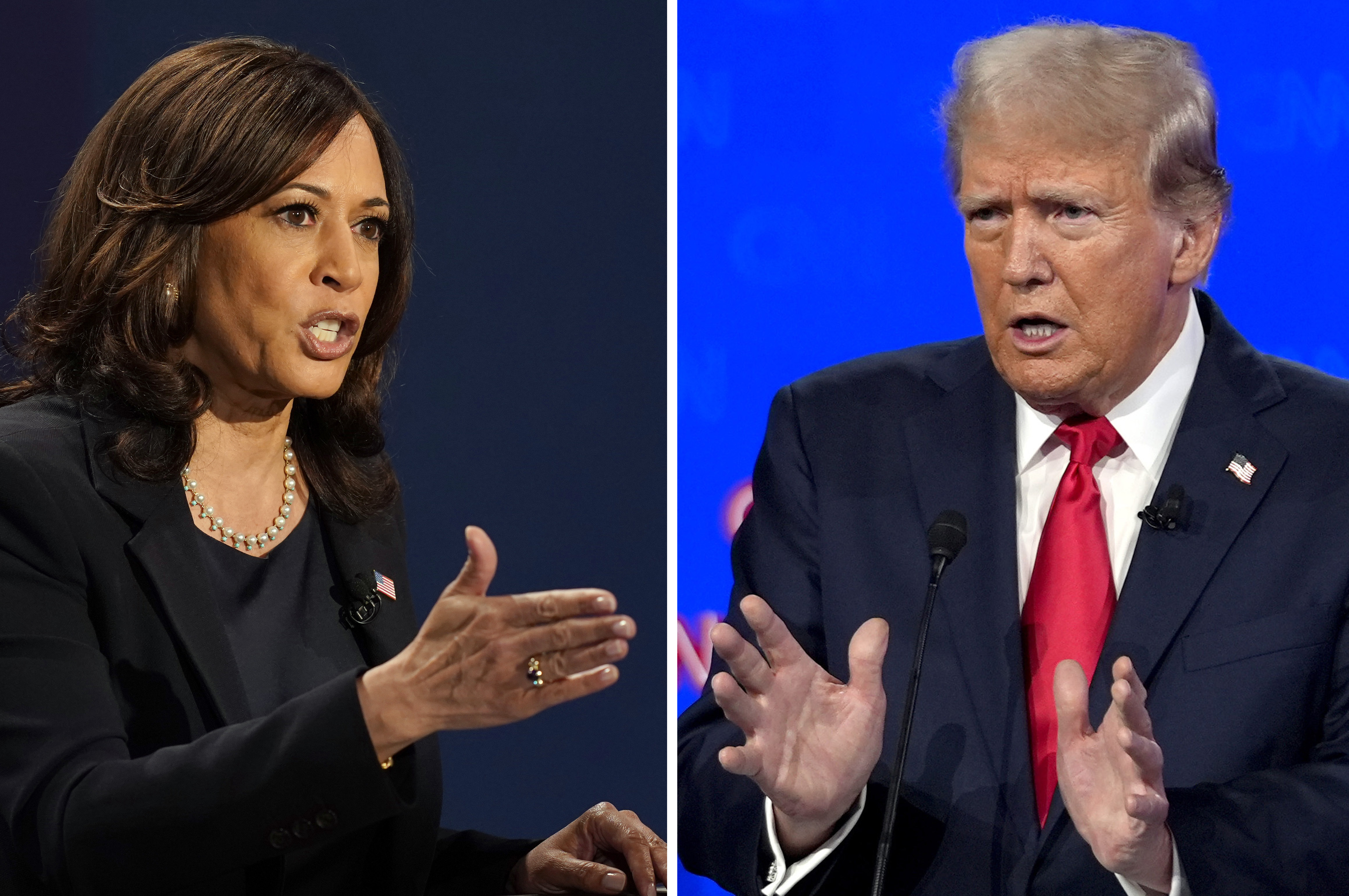 FILE - In this combination image, Democratic vice presidential candidate Sen. Kamala Harris, D-Calif., speaks during a debate, Oct. 7, 2020, in Salt Lake City, left, and Republican presidential candidate former President Donald Trump speaks during a debate, June 27, 2024, in Atlanta. (AP Photo/File)