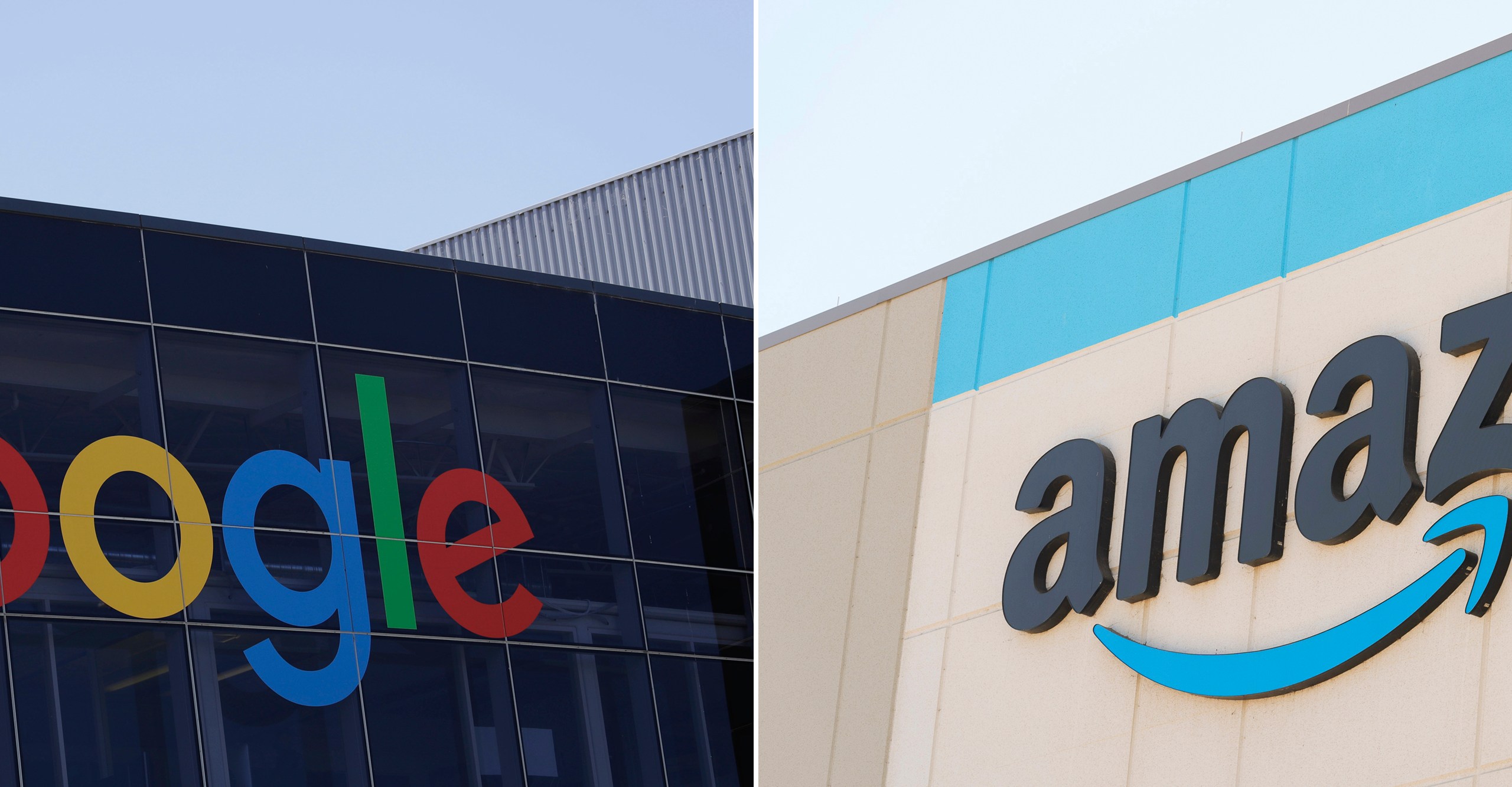 The Google logo, left, is displayed at the company's headquarters in Mountain View, Calif., on July 19, 2016, and the Amazon logo is displayed on the exterior wall of the Amazon OXR1 fulfillment center in Oxnard, Calif., on Aug. 21, 2024. (AP Photo)