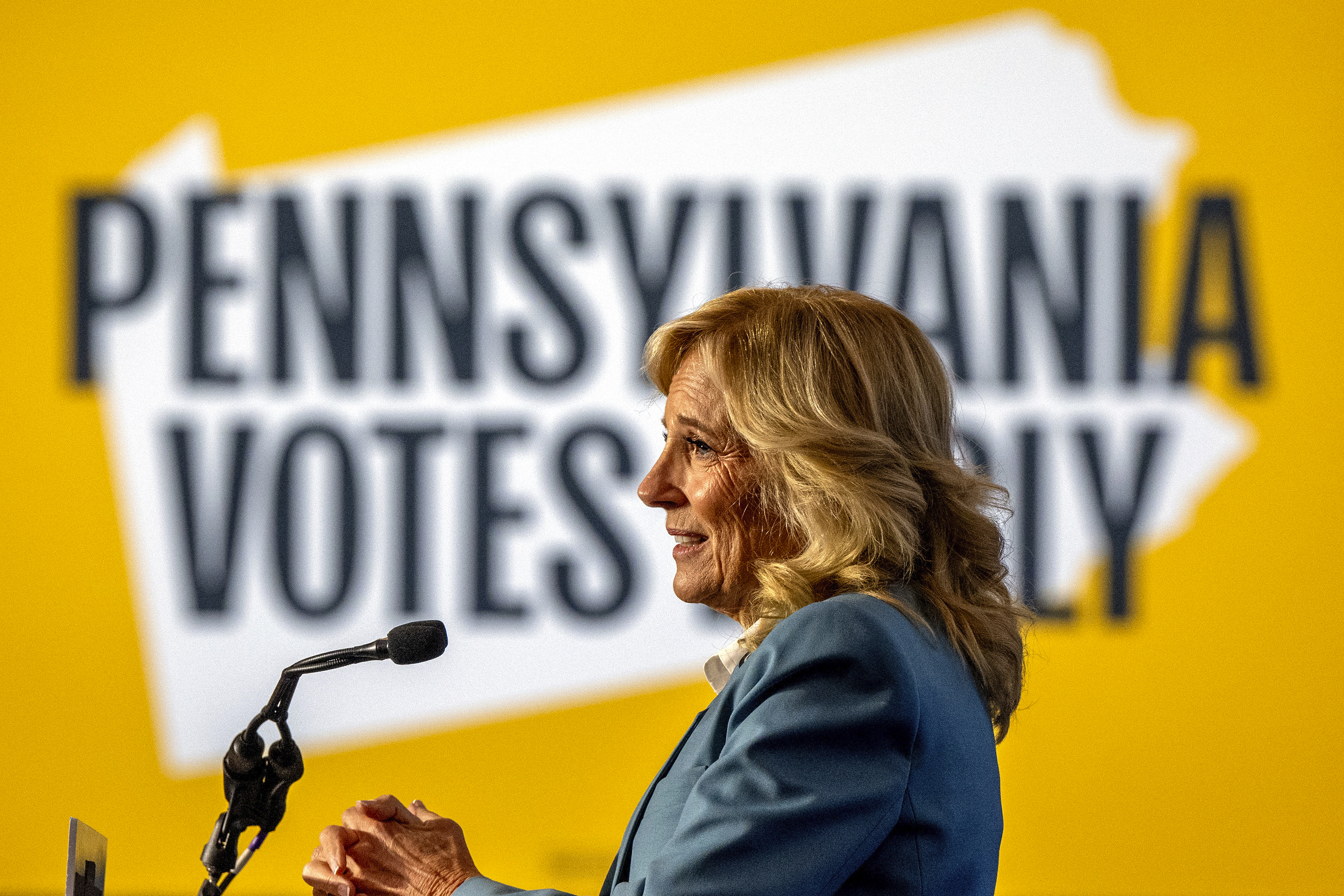 First Lady Jill Biden speaks at a Harris/Walz event at Montgomery County Community College in Blue Bell, Pa., Tuesday, Oct. 15, 2024. (Tom Gralish/The Philadelphia Inquirer via AP)