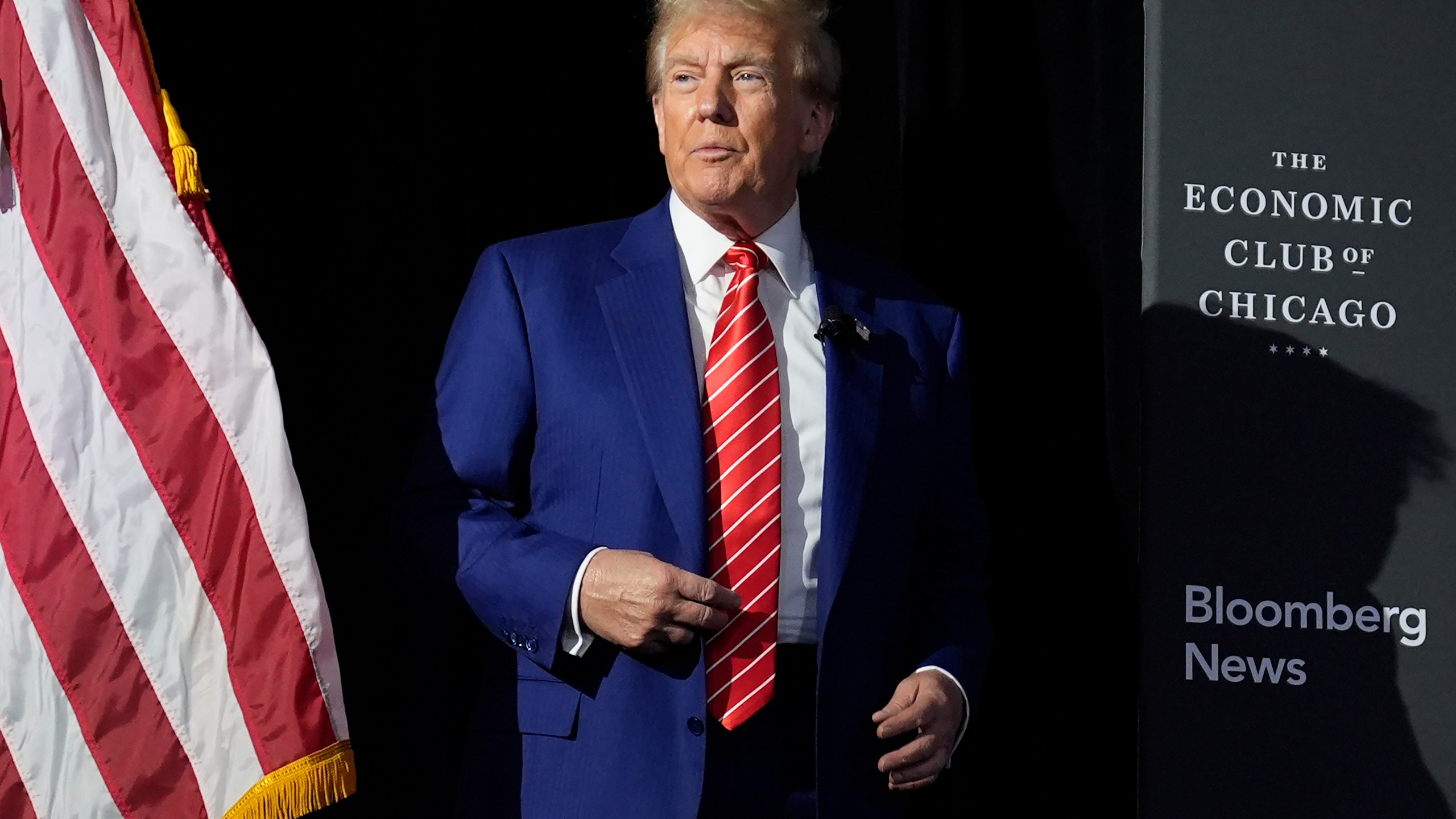 Republican presidential nominee former President Donald Trump speaks during an interview with Bloomberg News Editor-in-Chief John Micklethwait during an event with the Economic Club of Chicago, Tuesday, Oct. 15, 2024, in Chicago. (AP Photo/Evan Vucci)