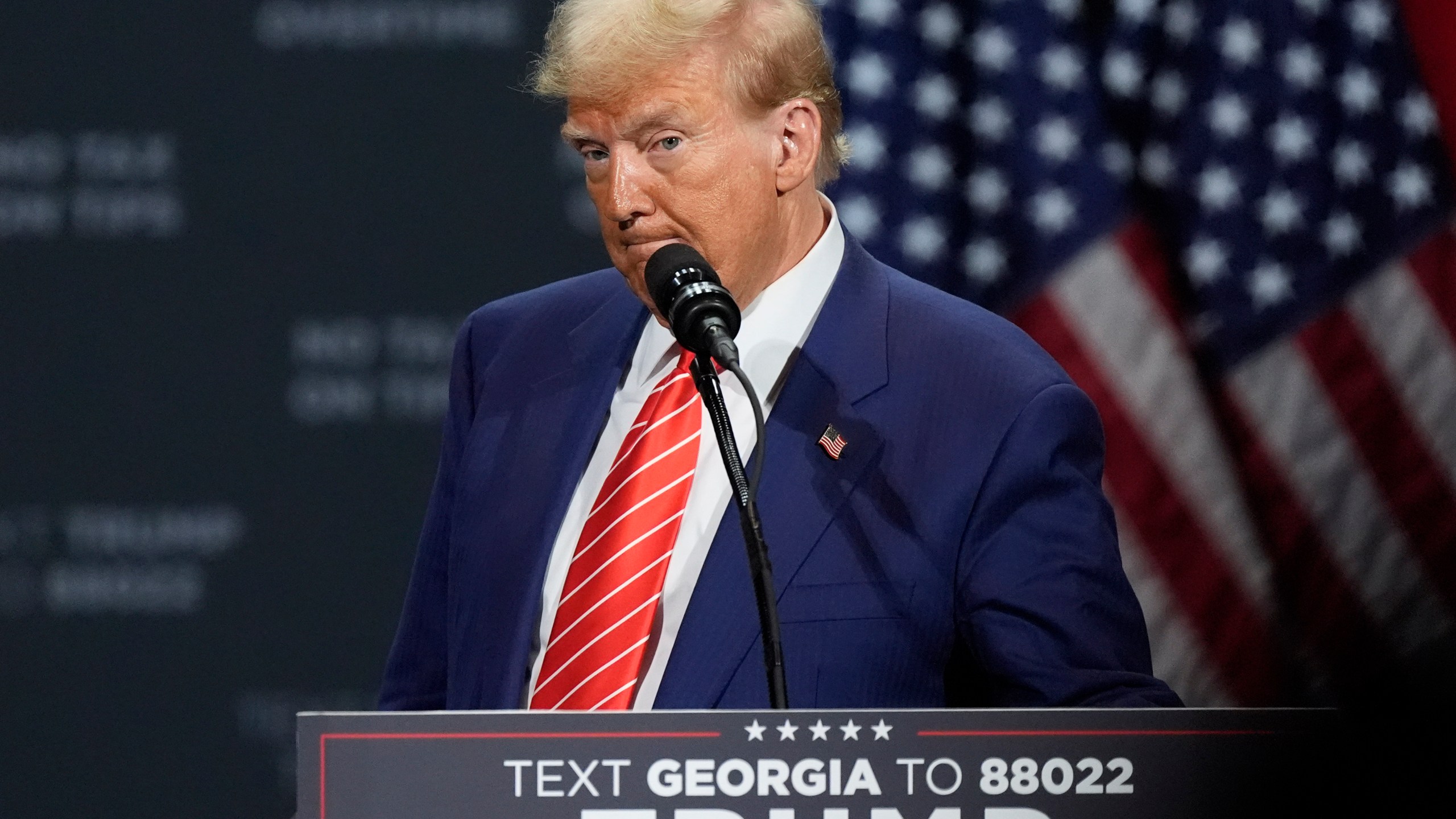 Republican presidential nominee former President Donald Trump speaks at a campaign event at the Cobb Energy Performing Arts Centre, Tuesday, Oct. 15, 2024, in Atlanta. (AP Photo/John Bazemore)