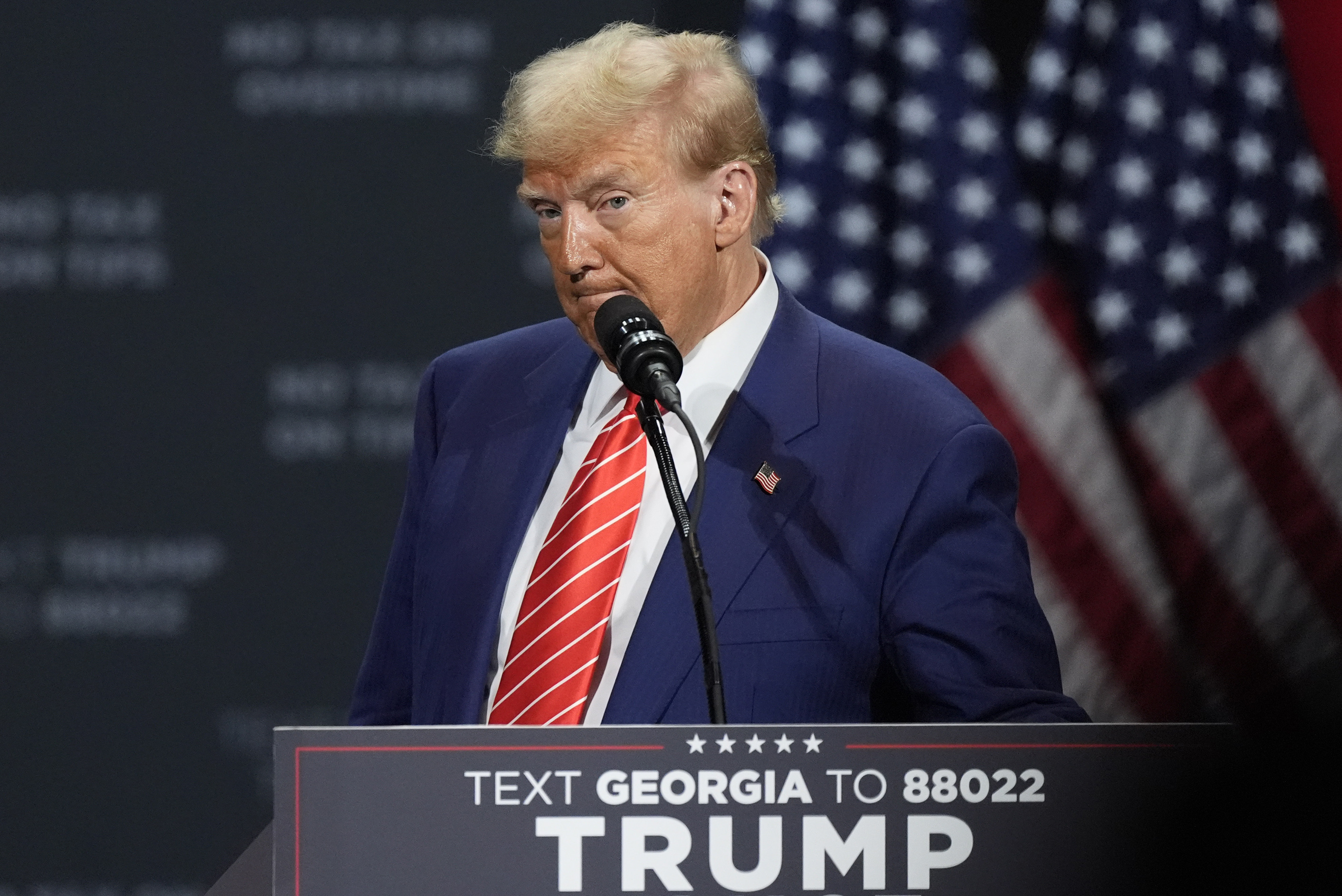 Republican presidential nominee former President Donald Trump speaks at a campaign event at the Cobb Energy Performing Arts Centre, Tuesday, Oct. 15, 2024, in Atlanta. (AP Photo/John Bazemore)