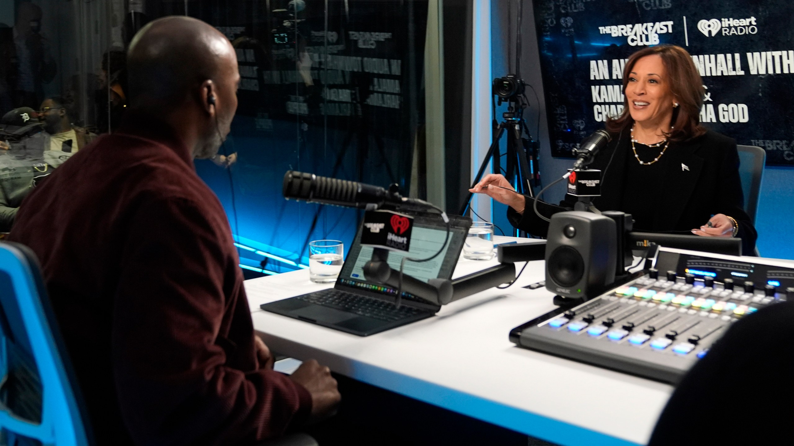 Democratic presidential nominee Vice President Kamala Harris, participates in an interview with Charlamagne Tha God, co-host of iHeartMedia's morning show The Breakfast Club, in Detroit, Tuesday, Oct. 15, 2024. (AP Photo/Jacquelyn Martin)