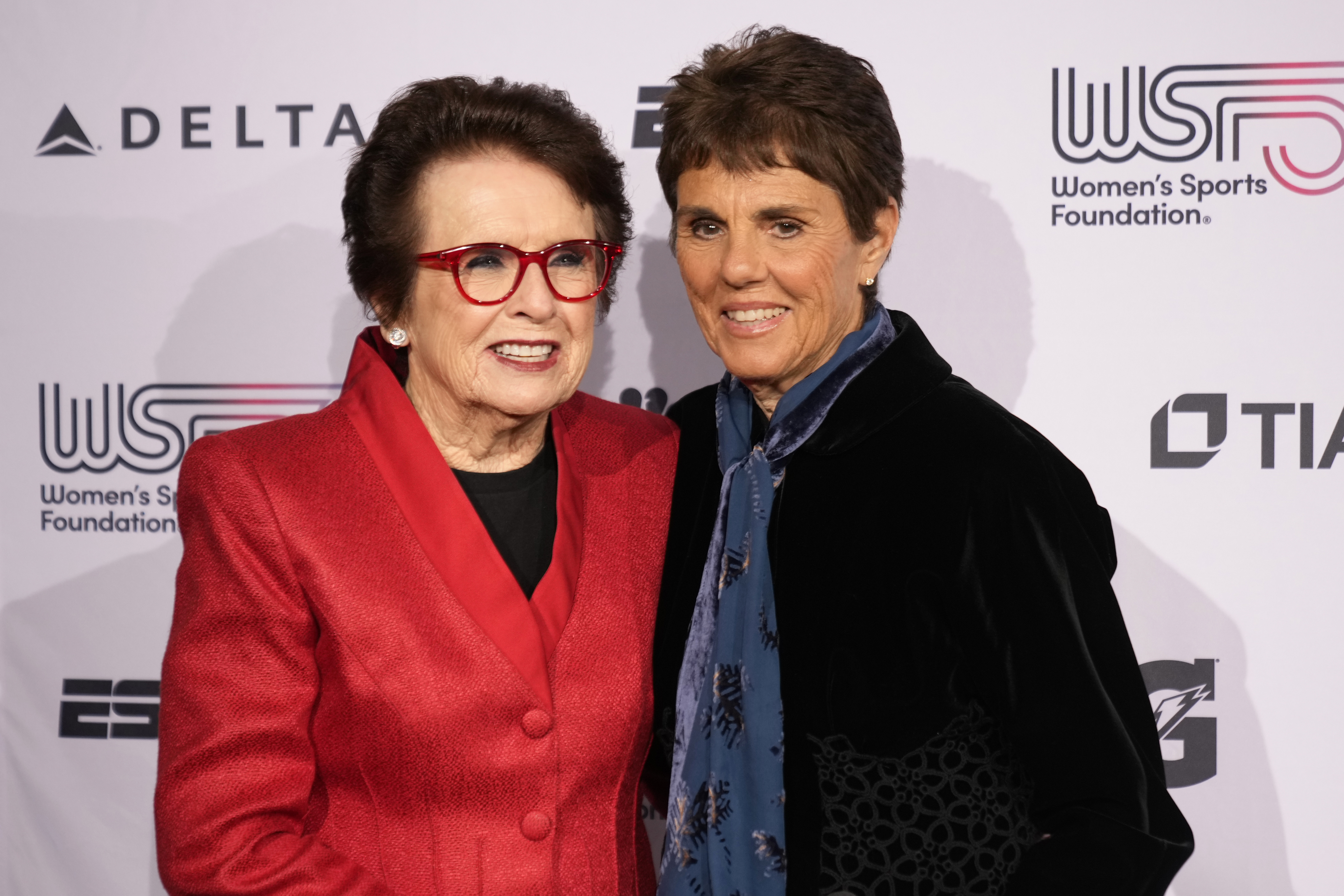 Billie Jean King, left, and Ilana Kloss, right, pose for photos on the red carpet at the Women's Sports Foundation's Annual Salute to Women in Sports, Wednesday, Oct. 16, 2024, in New York. (AP Photo/Pamela Smith)