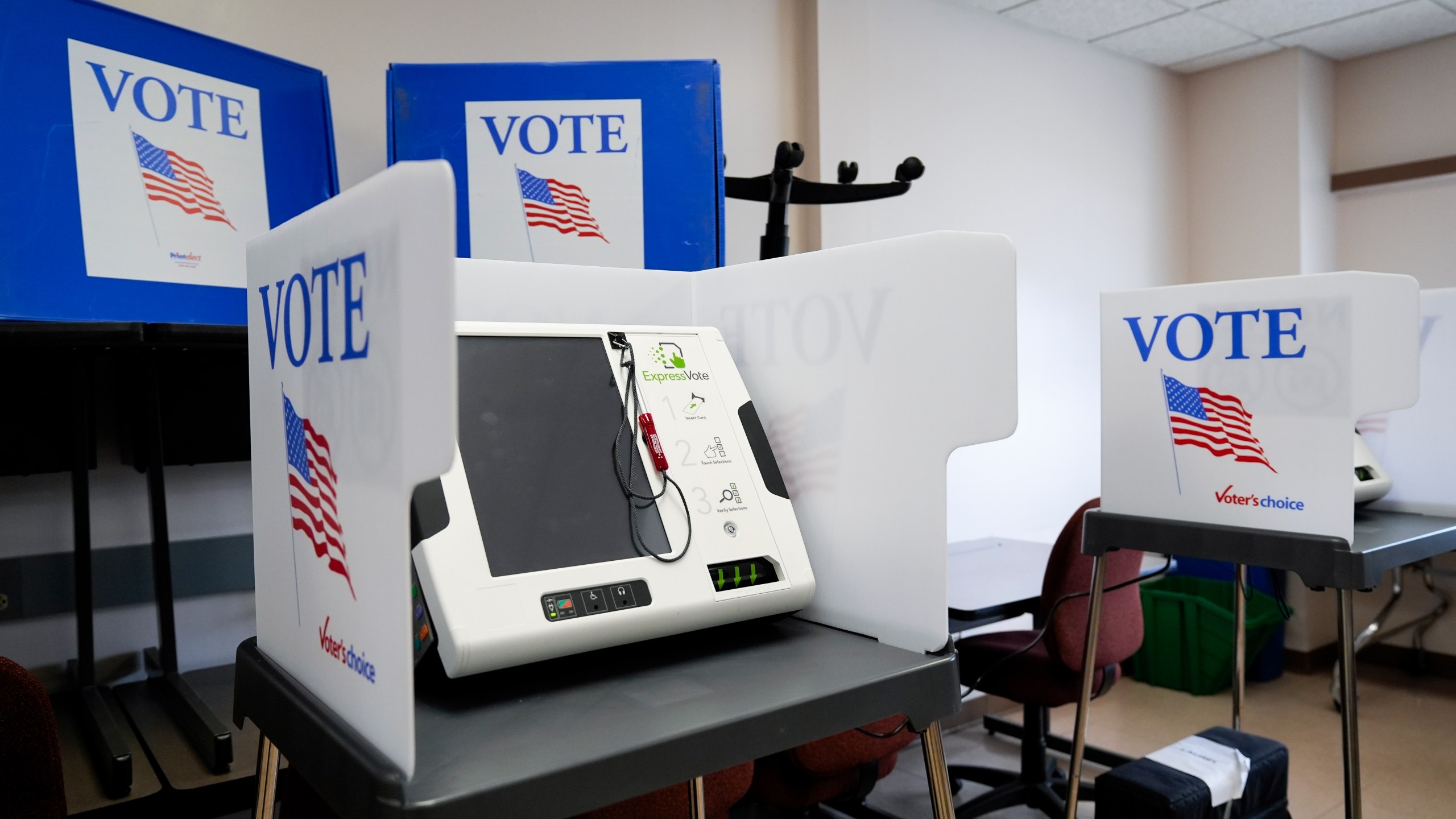 A ballot-marking machine is seen at an early in-person voting site at Asheville-Buncombe Technical Community College, Wednesday, Oct. 16, 2024, in Marshall, N.C. (AP Photo/Stephanie Scarbrough)