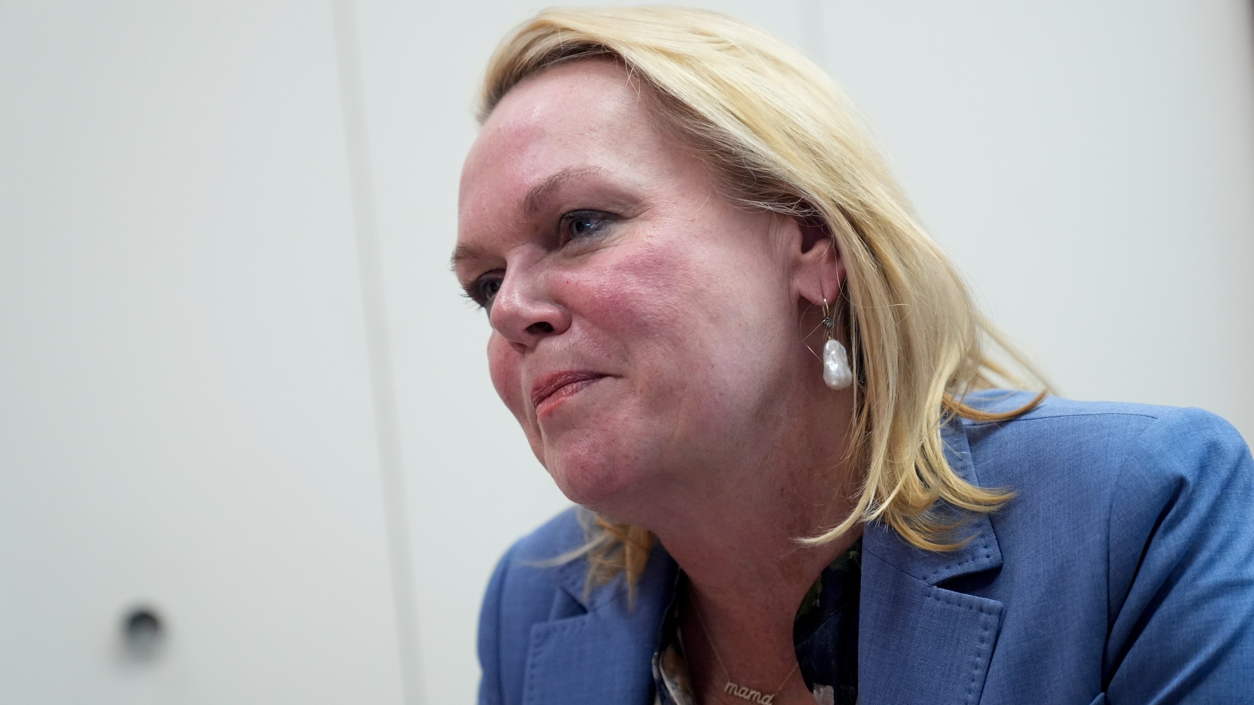 April McClain-Delaney, Democratic candidate for Maryland's Sixth Congressional District, speaks during an interview with The Associated Press, Thursday, Oct. 10, 2024, in Gaithersburg, Md. (AP Photo/Stephanie Scarbrough)