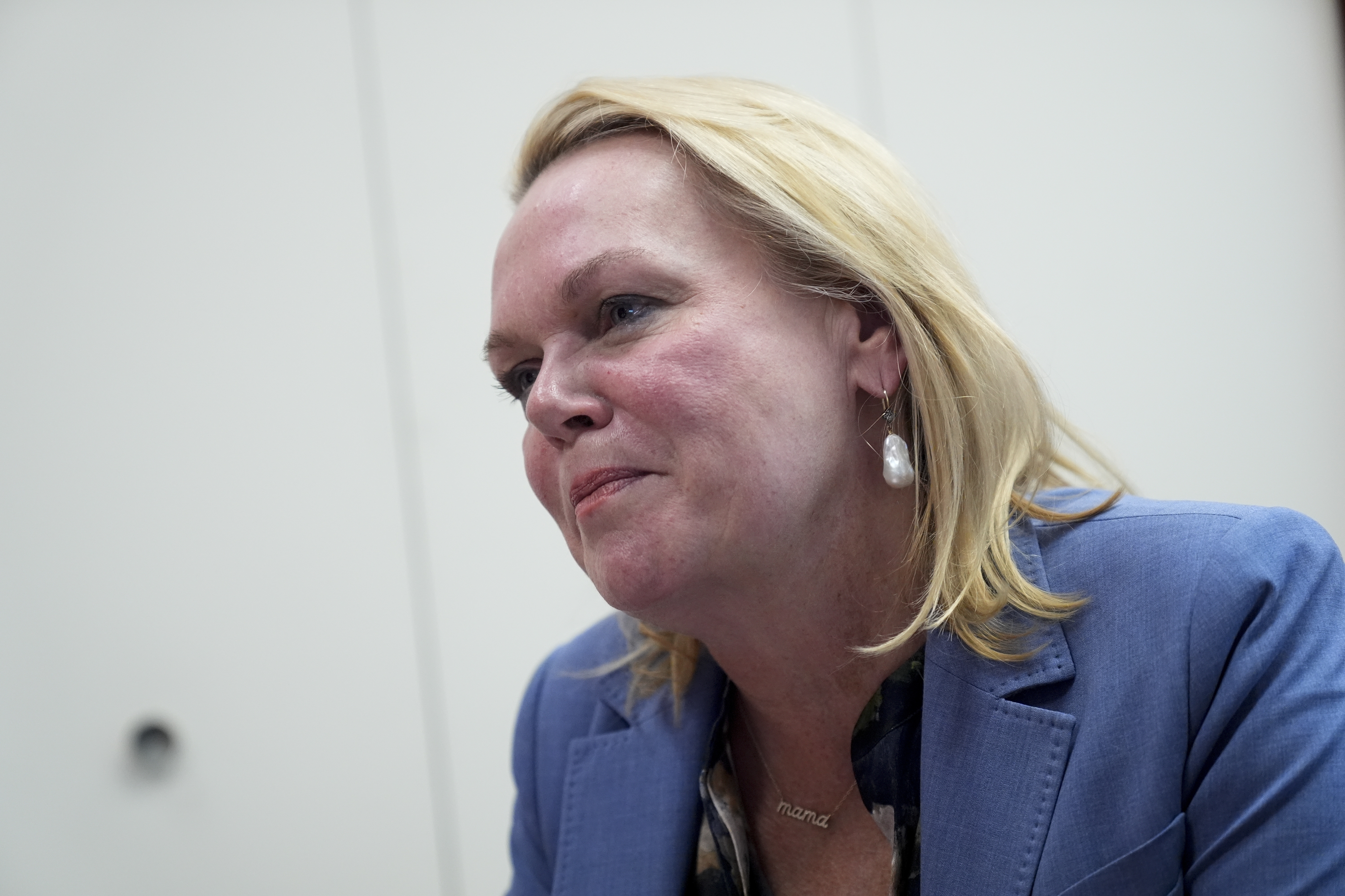 April McClain-Delaney, Democratic candidate for Maryland's Sixth Congressional District, speaks during an interview with The Associated Press, Thursday, Oct. 10, 2024, in Gaithersburg, Md. (AP Photo/Stephanie Scarbrough)