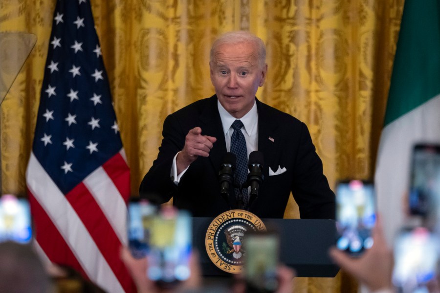 President Joe Biden speaks at a reception marking Italian-American Heritage Month, in the East Room of the White House in Washington, Wednesday, Oct. 16, 2024. (AP Photo/Ben Curtis)