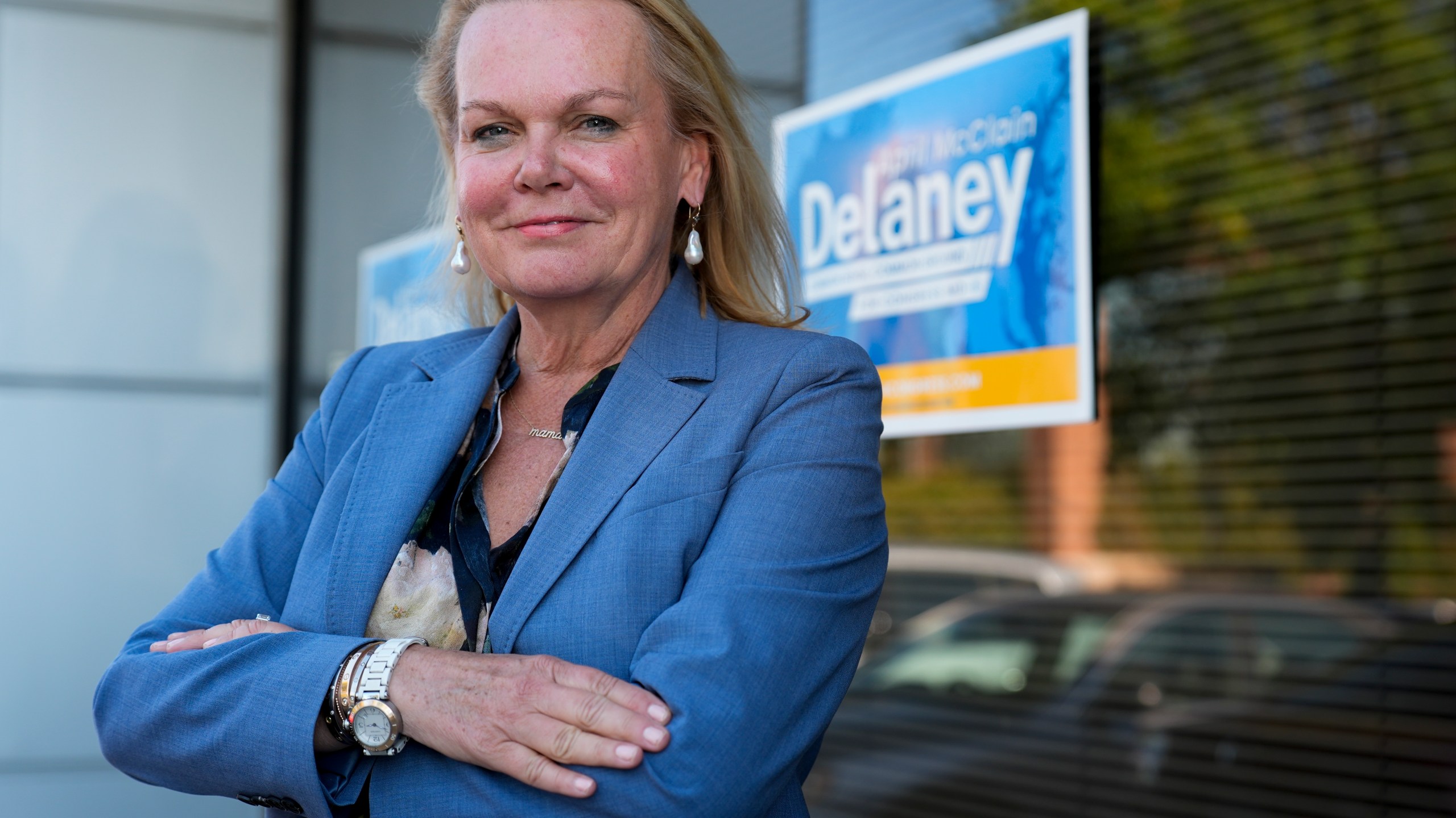 April McClain-Delaney, Democratic candidate for Maryland's Sixth Congressional District, poses for a portrait, Thursday, Oct. 10, 2024, in Gaithersburg, Md. (AP Photo/Stephanie Scarbrough)