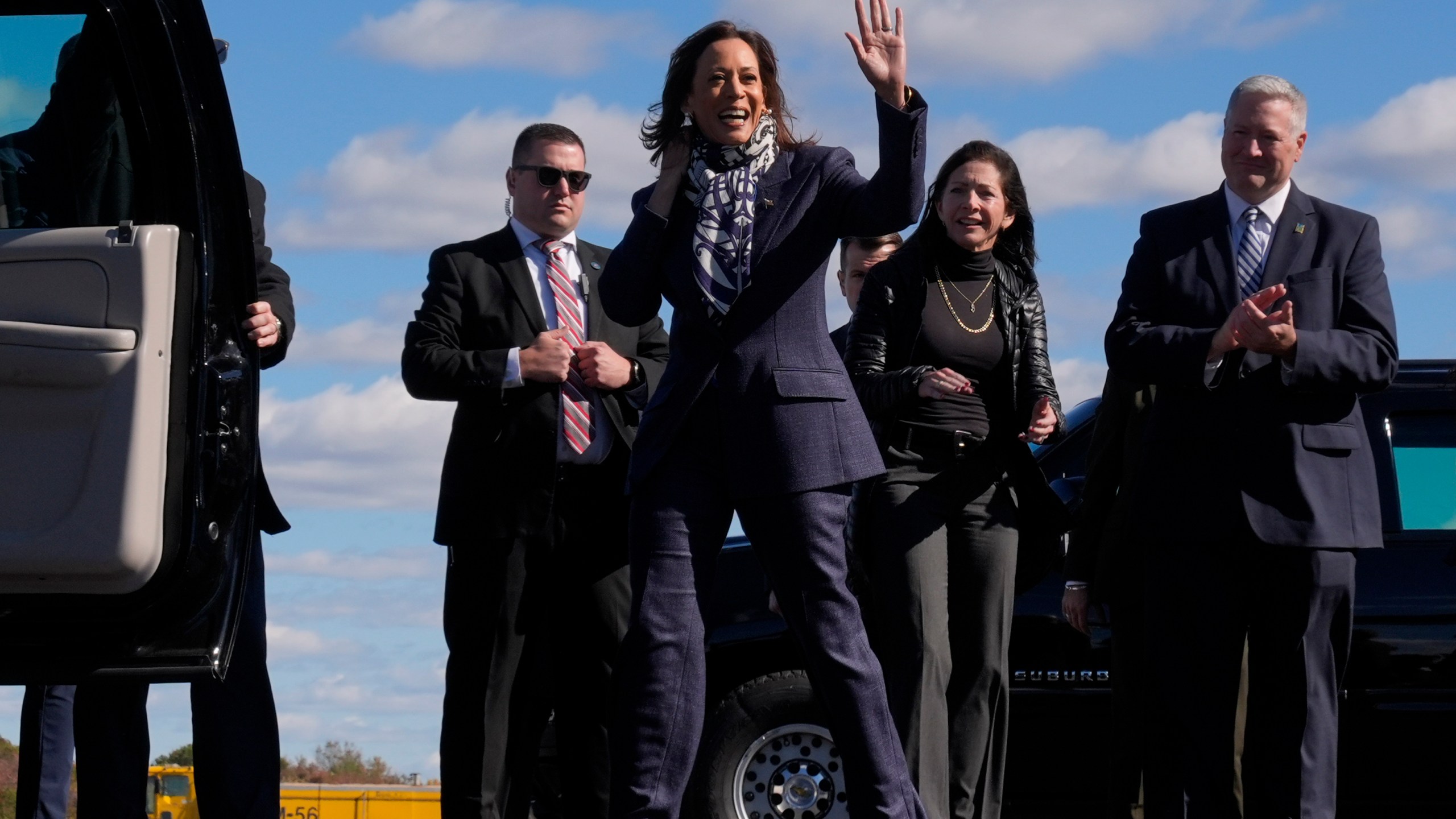 Democratic presidential nominee Vice President Kamala Harris, arrives at Trenton-Mercer Airport, in Mercer County, New Jersey, Wednesday, Oct. 16, 2024, en route to a campaign rally in Pennsylvania. (AP Photo/Jacquelyn Martin)