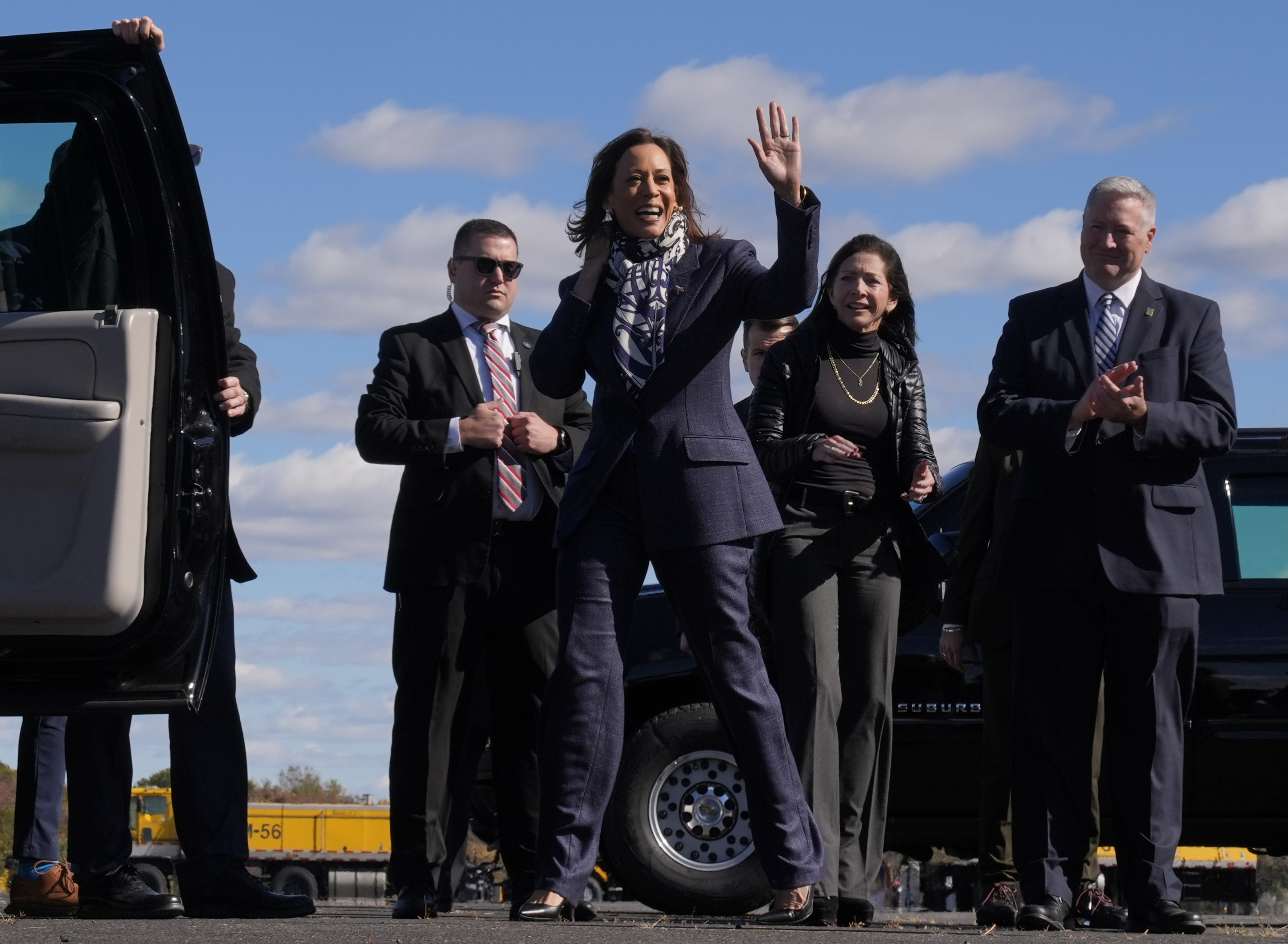 Democratic presidential nominee Vice President Kamala Harris, arrives at Trenton-Mercer Airport, in Mercer County, New Jersey, Wednesday, Oct. 16, 2024, en route to a campaign rally in Pennsylvania. (AP Photo/Jacquelyn Martin)