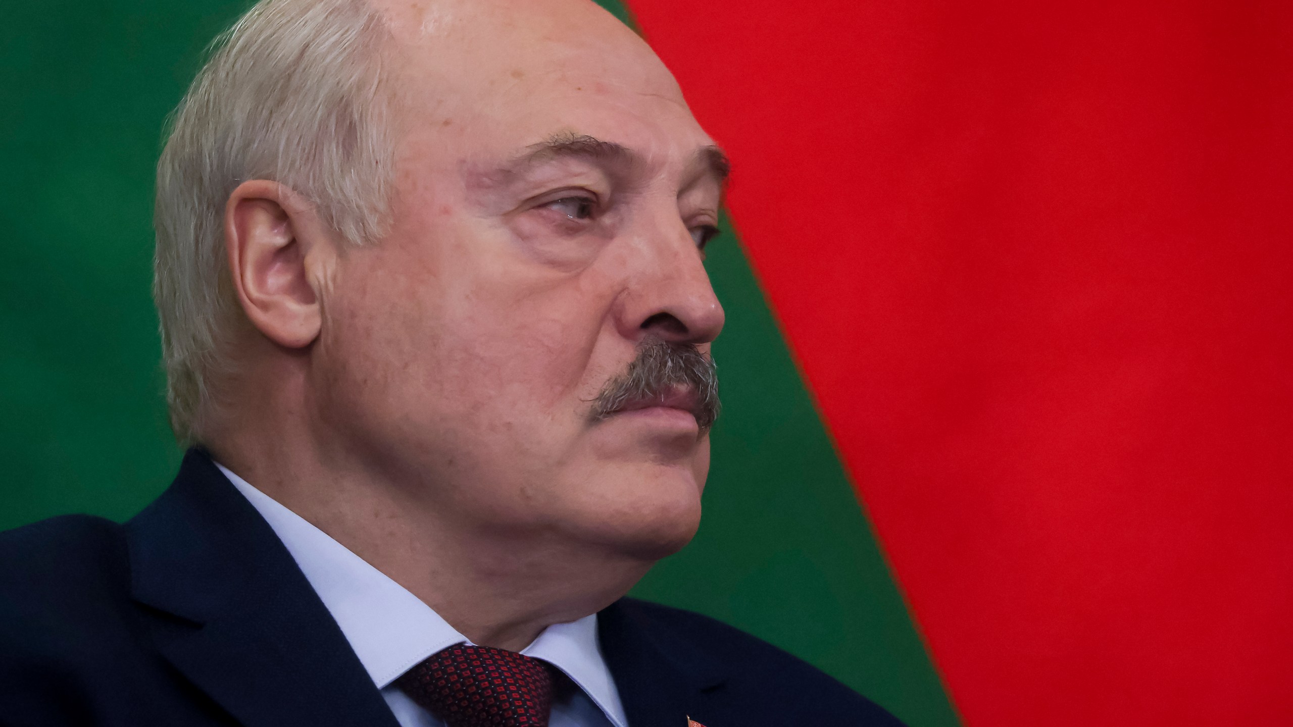 Belarusian President Alexander Lukashenko listens to Russian President Vladimir Putin during their meeting at the Kremlin in Moscow, Russia, Wednesday, Oct. 9, 2024. (Sergei Ilnitsky/Pool Photo via AP)