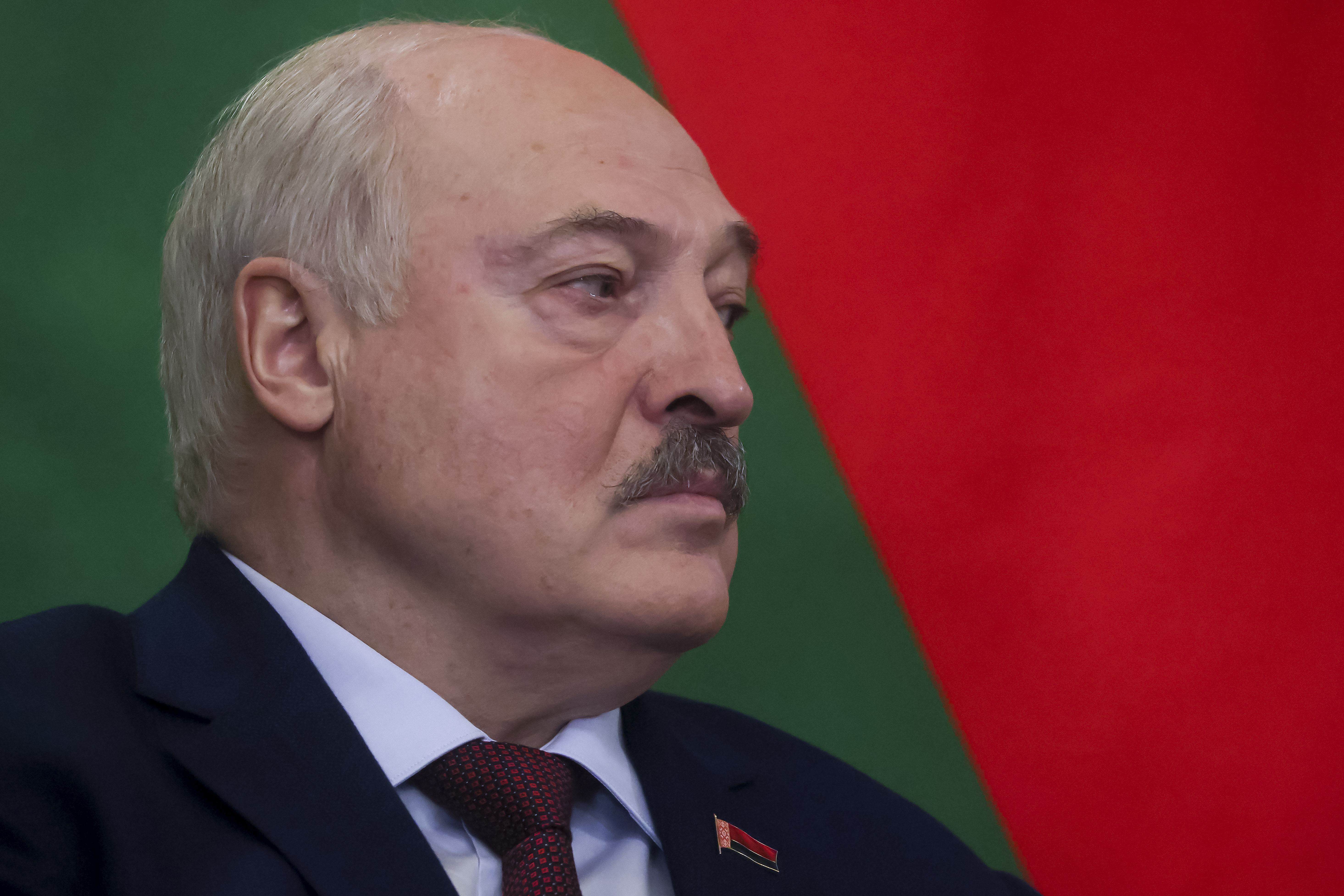 Belarusian President Alexander Lukashenko listens to Russian President Vladimir Putin during their meeting at the Kremlin in Moscow, Russia, Wednesday, Oct. 9, 2024. (Sergei Ilnitsky/Pool Photo via AP)